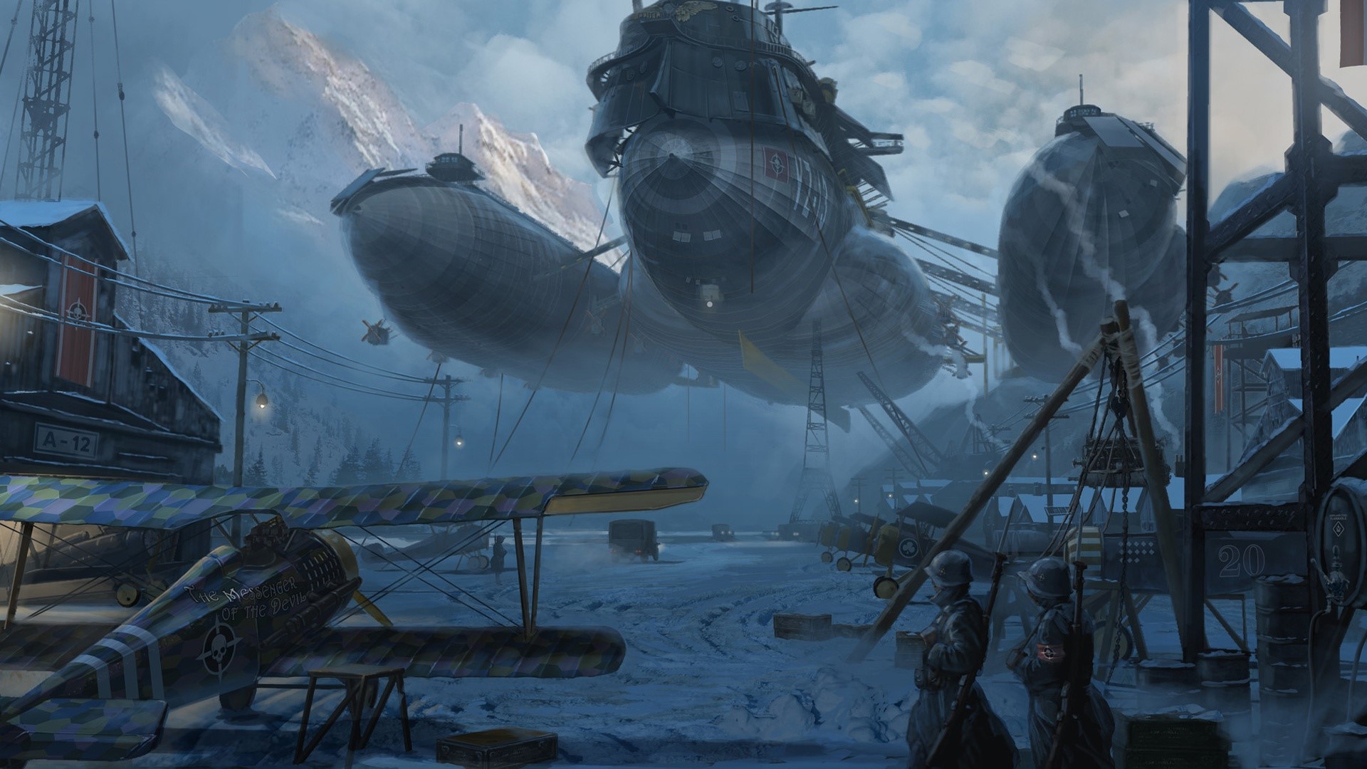 Military airships and biplanes at a snowy base HD Wallpaper