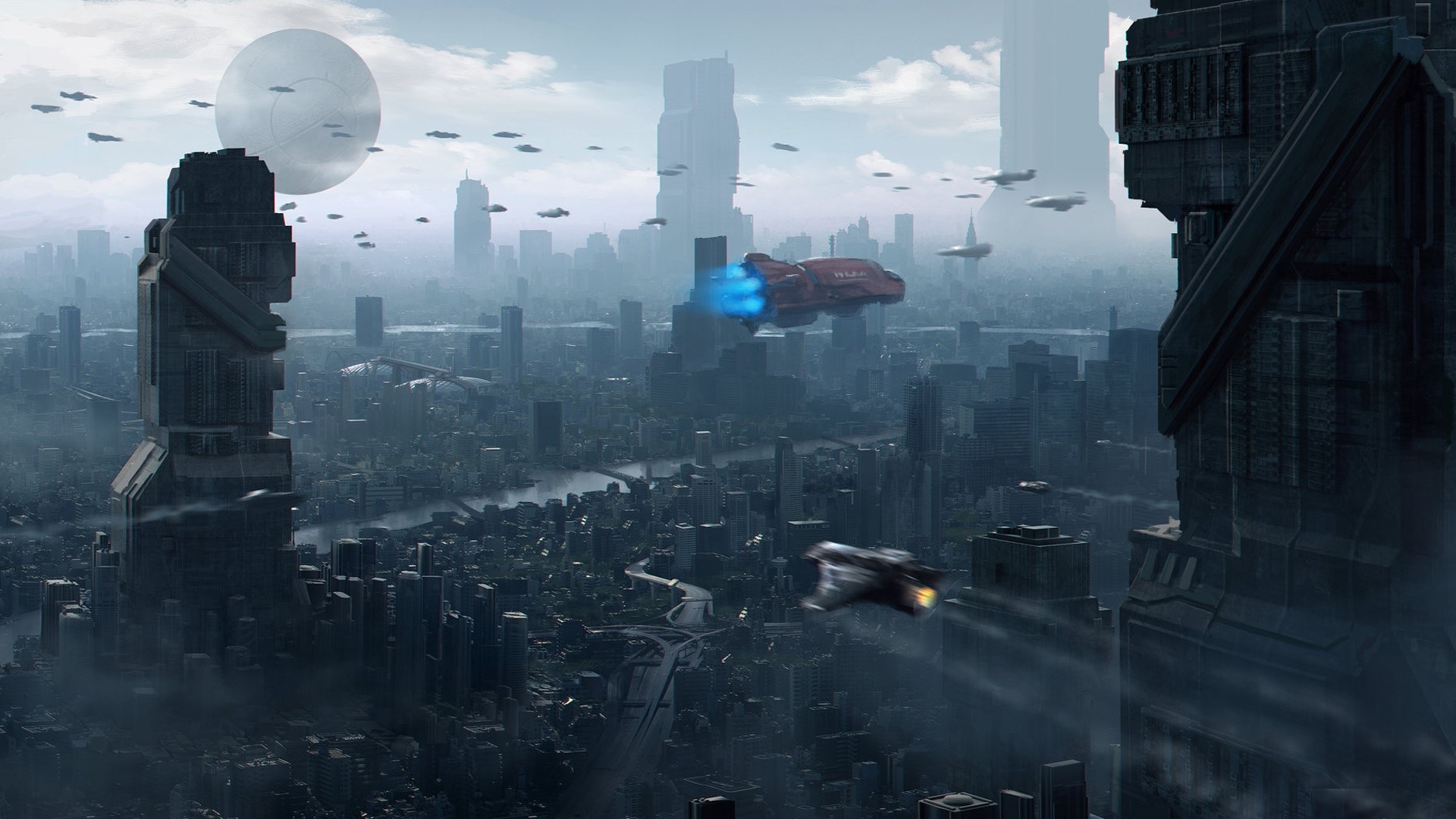 Futuristic cityscape with flying vehicles and large structures HD Wallpaper