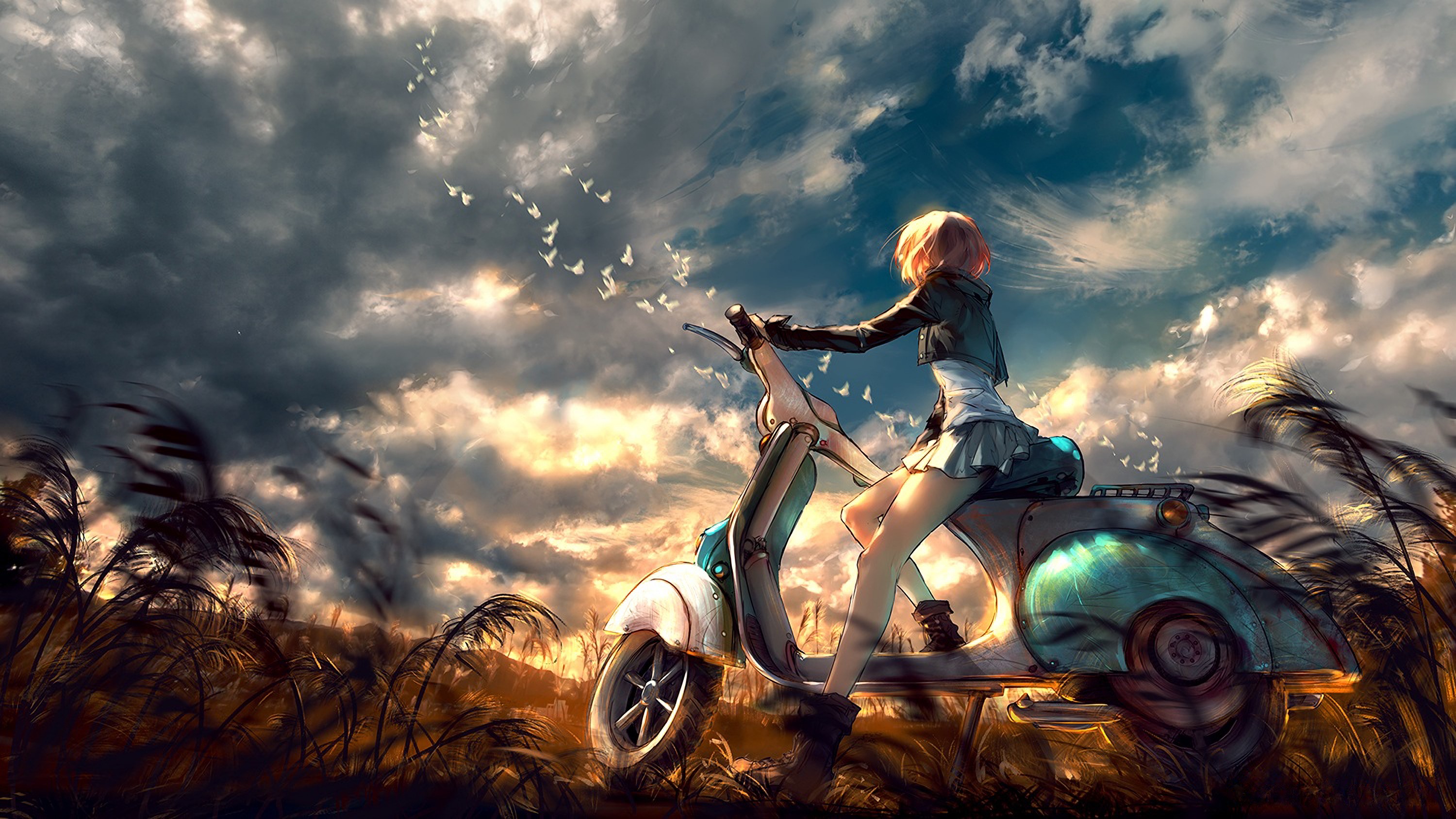 Anime girl on a scooter with birds in the sky HD Wallpaper