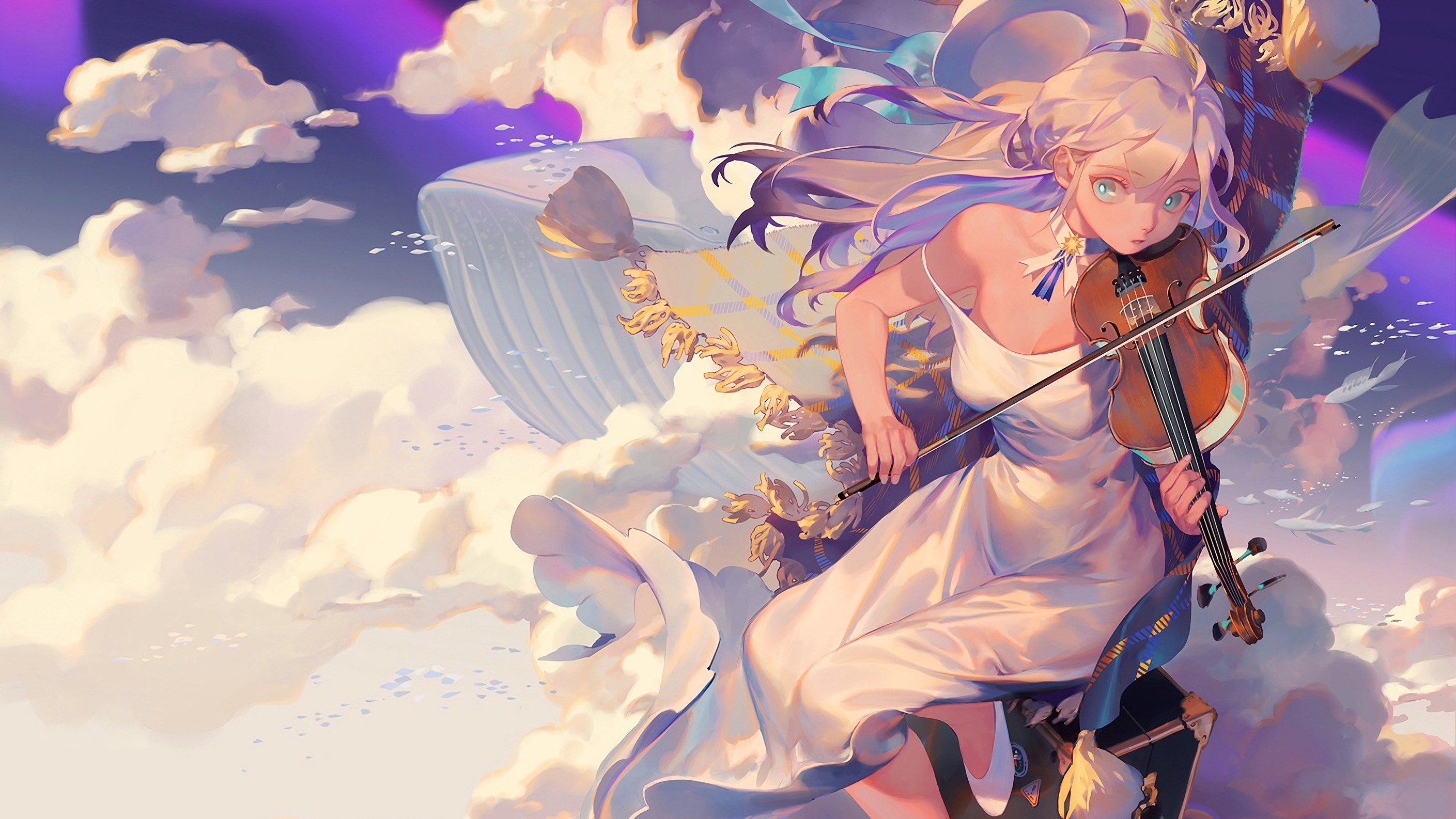 Girl playing violin on clouds with whale HD Wallpaper