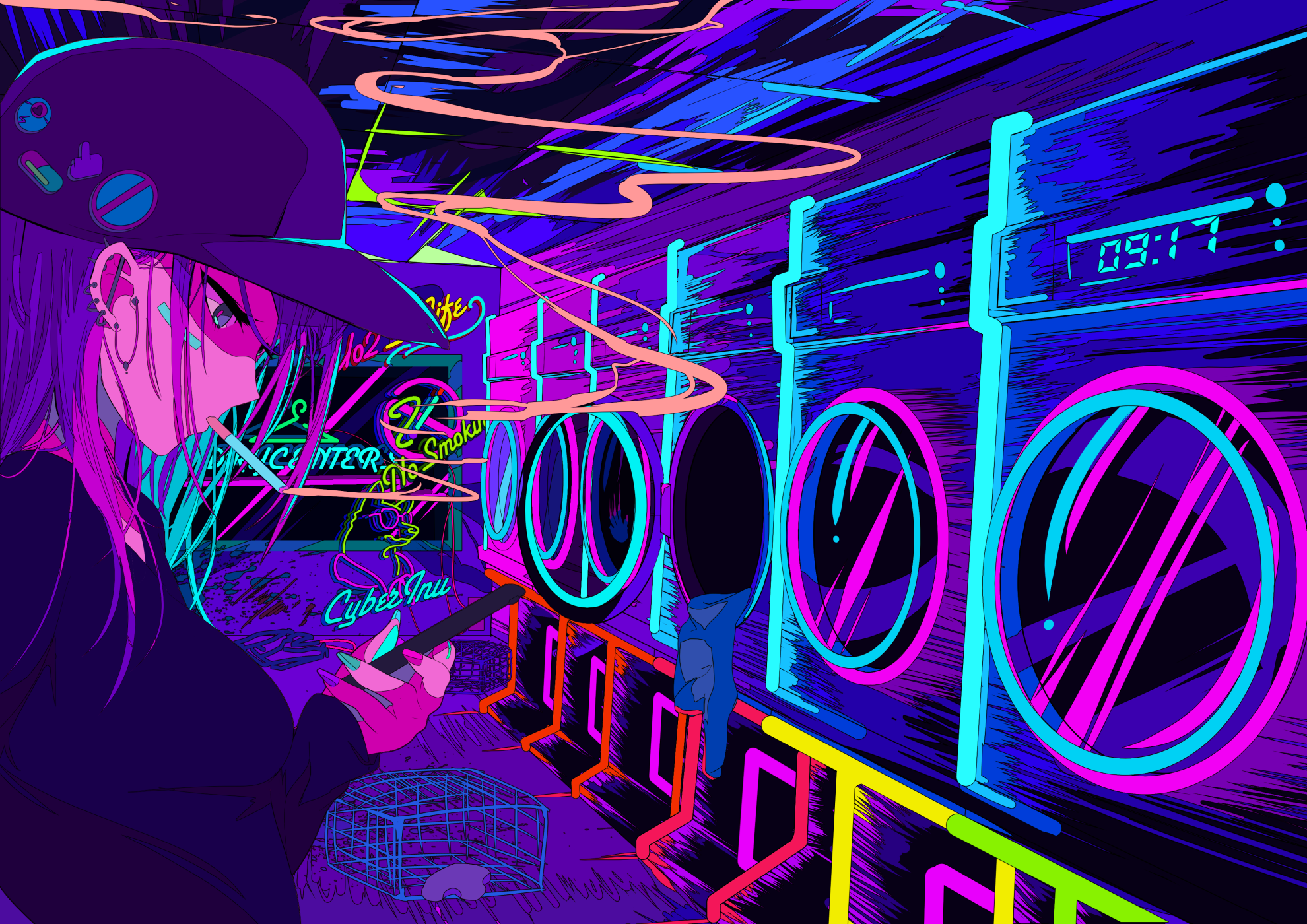 Girl in a cap smoking in a neon laundromat HD Wallpaper