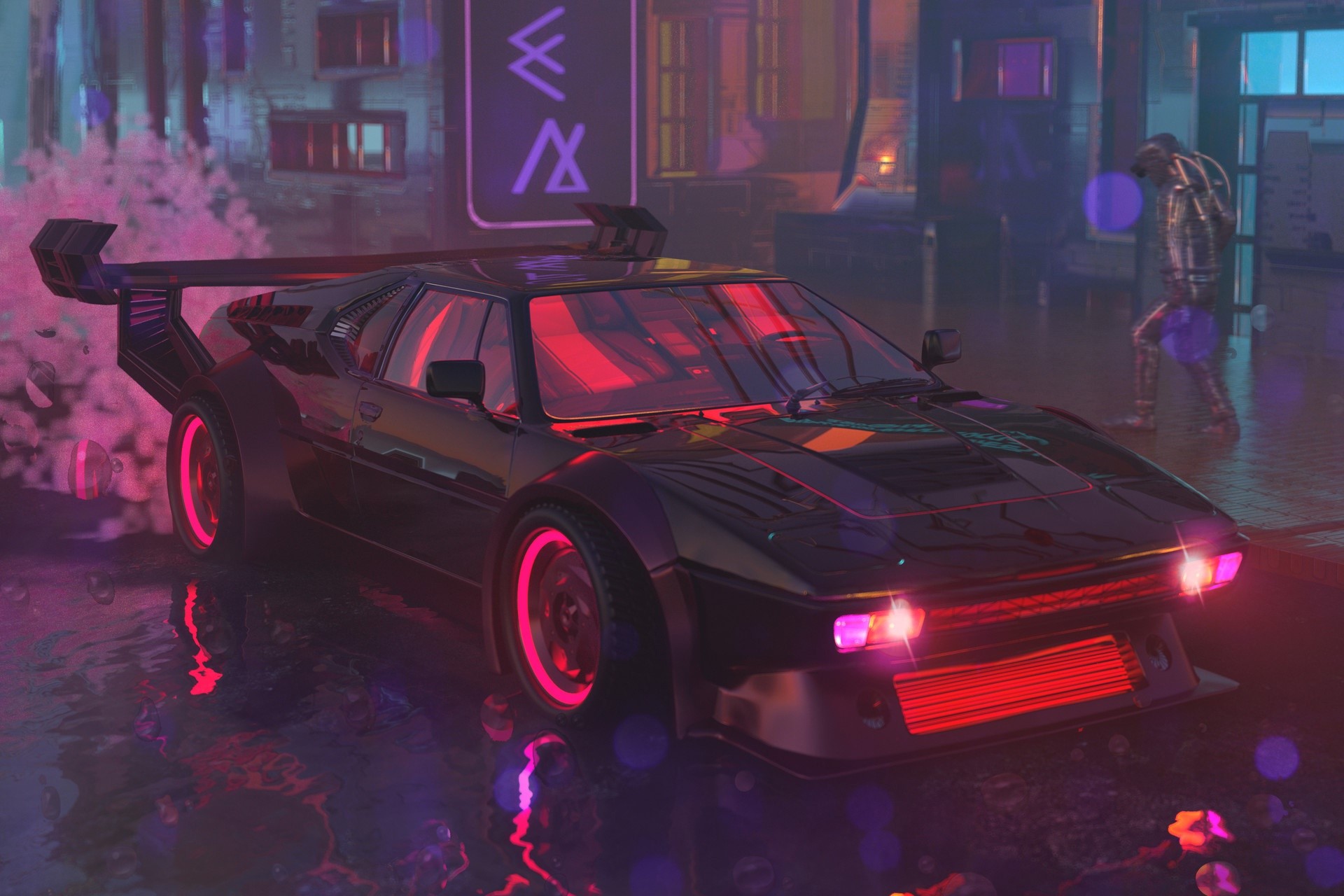 Black BMW M1 with pink neon lights in a rainy city HD Wallpaper