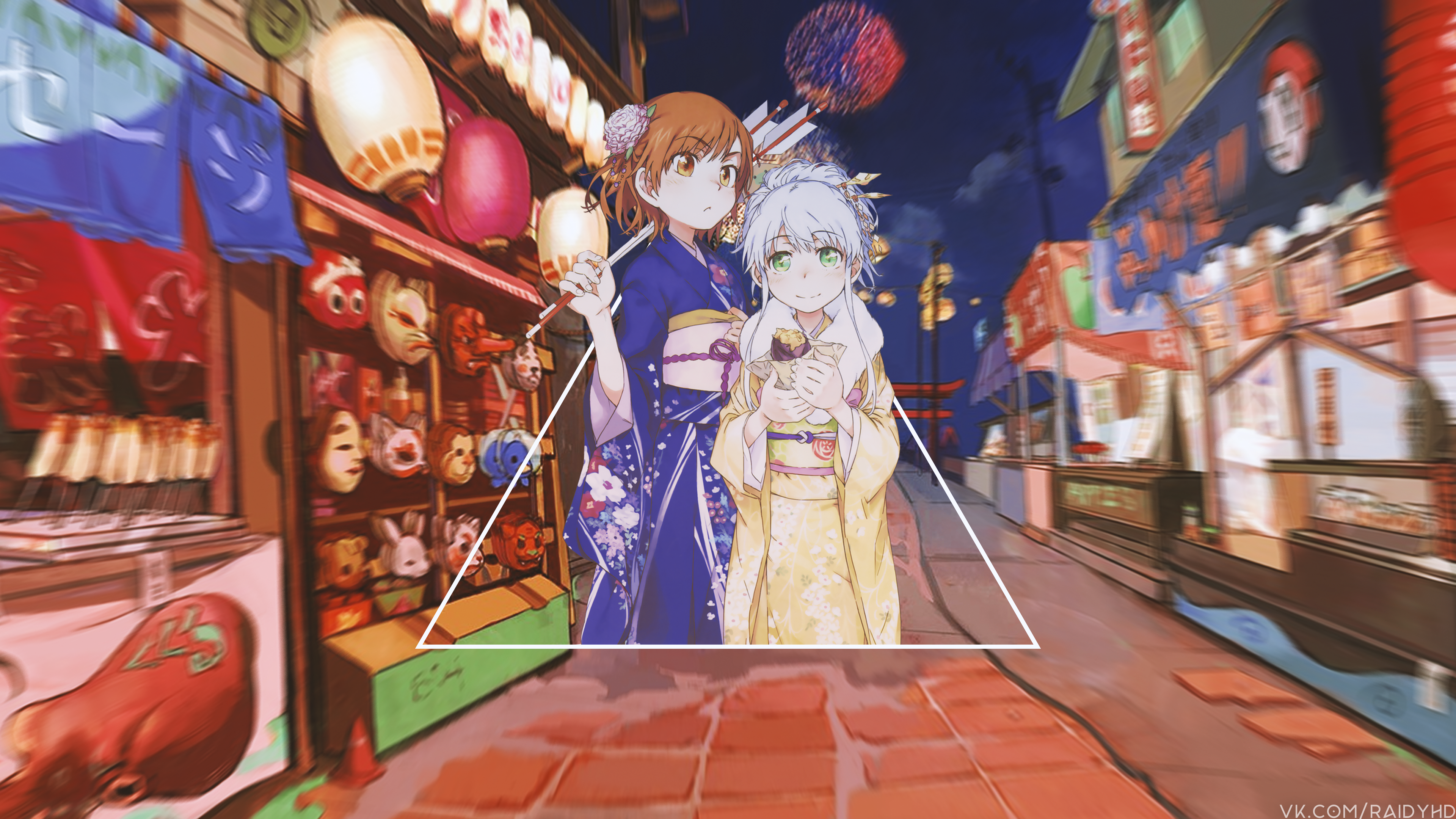 Anime girls in kimonos at a festival HD Wallpaper