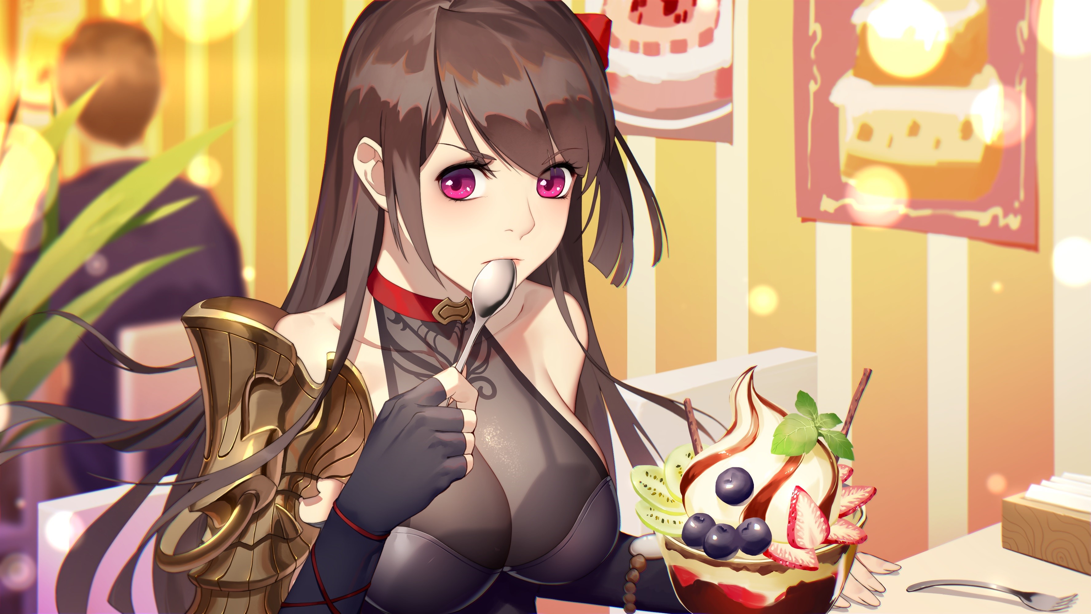 Anime girl eating ice cream parfait HD Wallpaper