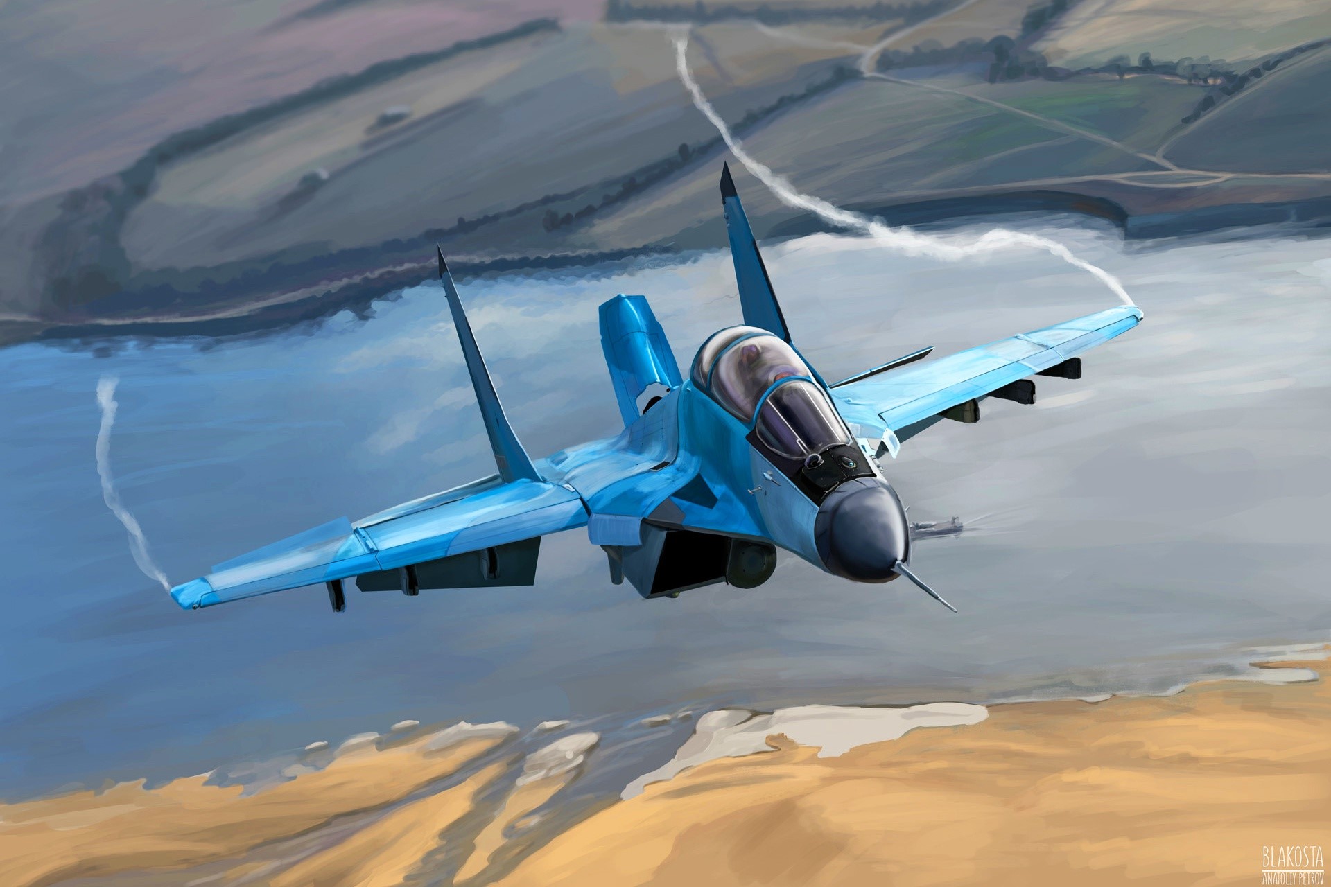 Blue fighter jet flying over water and land HD Wallpaper