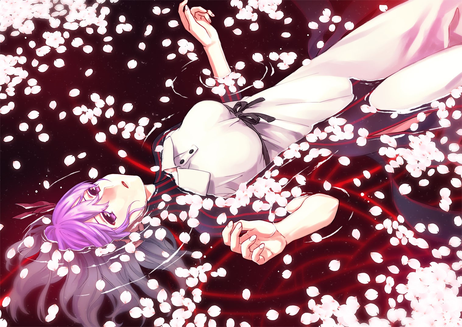 Matou Sakura from Fate/Stay Night floating in water with petals HD Wallpaper