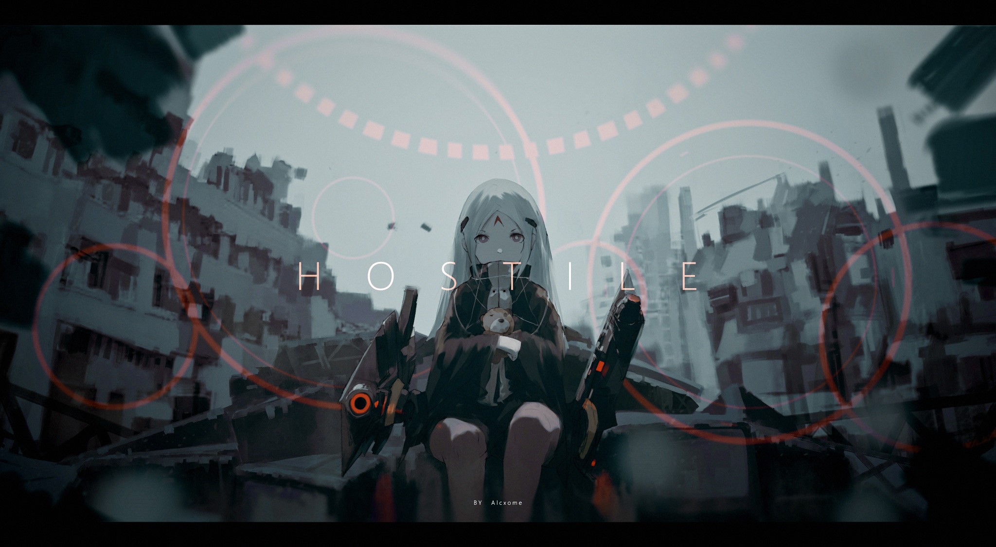Anime girl with guns in destroyed city HD Wallpaper