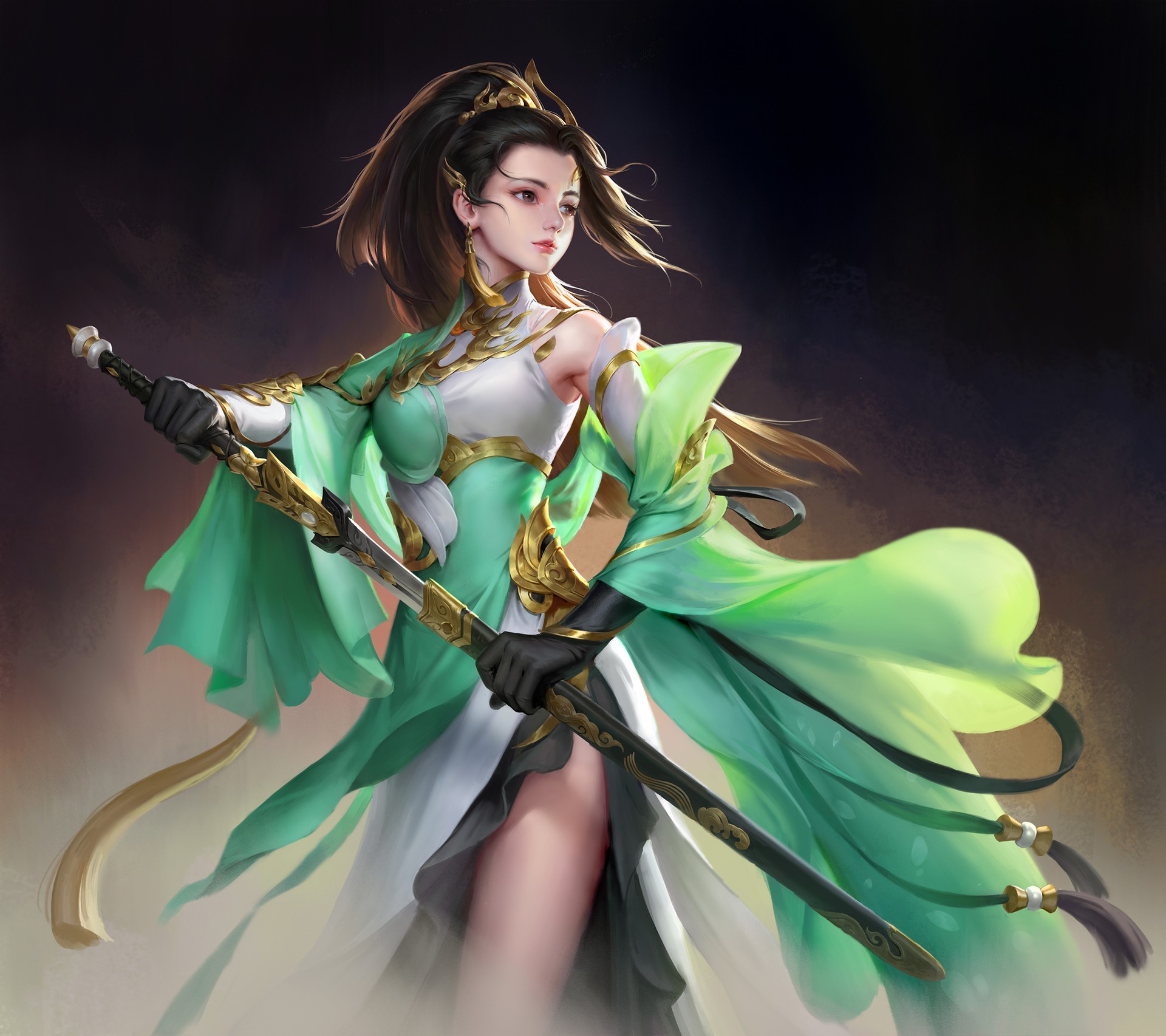Fantasy girl with sword and green robes HD Wallpaper