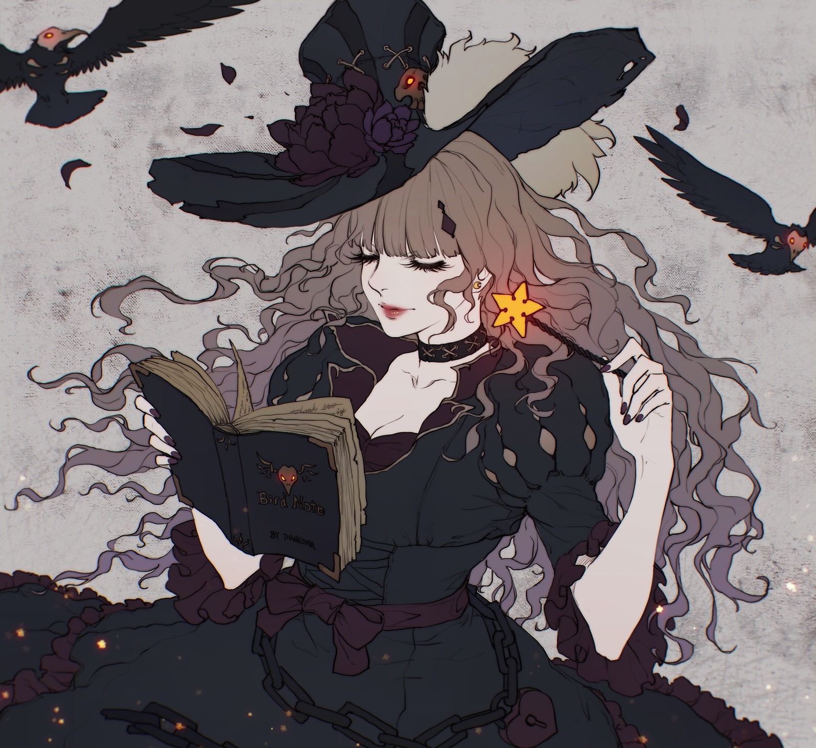 Witch reading a book with crows and a magic wand HD Wallpaper