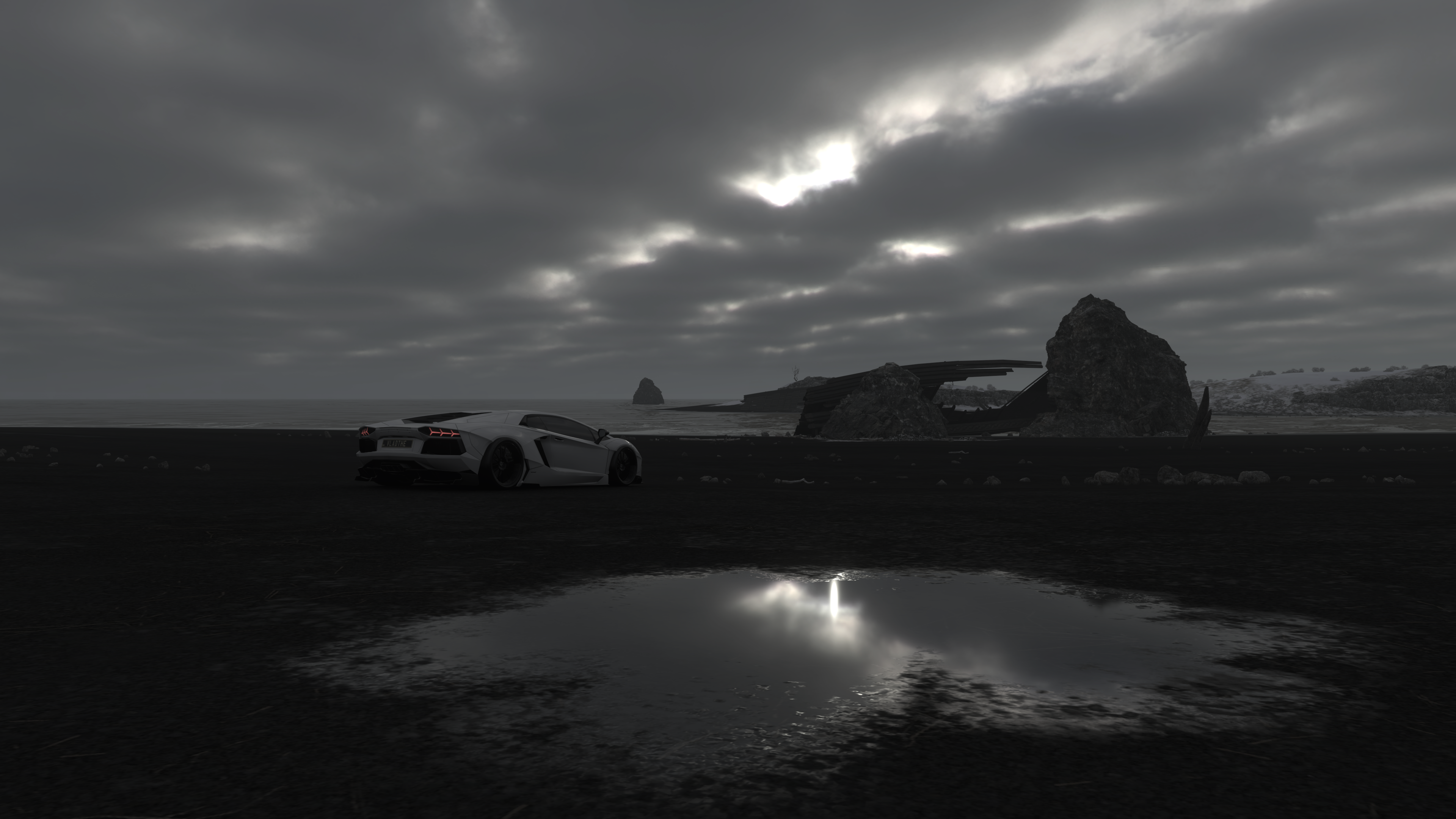White Lamborghini Aventador on a beach in Forza Horizon 4 HD Wallpaper