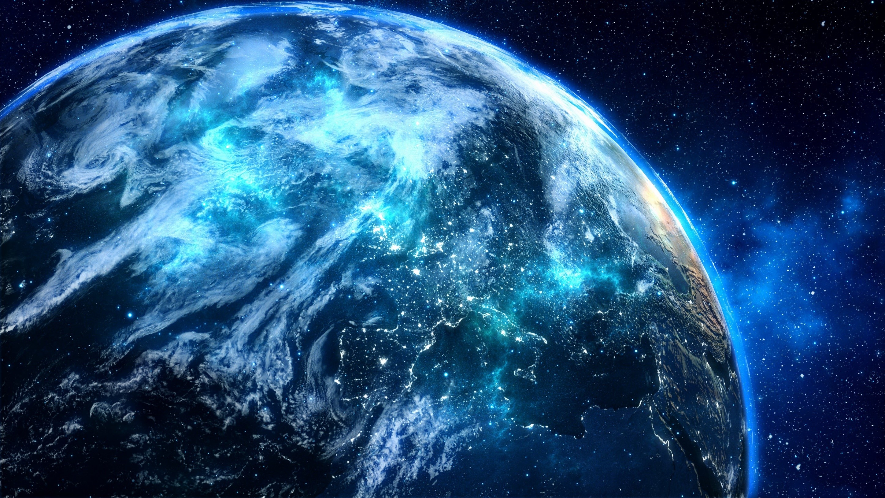 Earth from space with city lights and nebulae HD Wallpaper