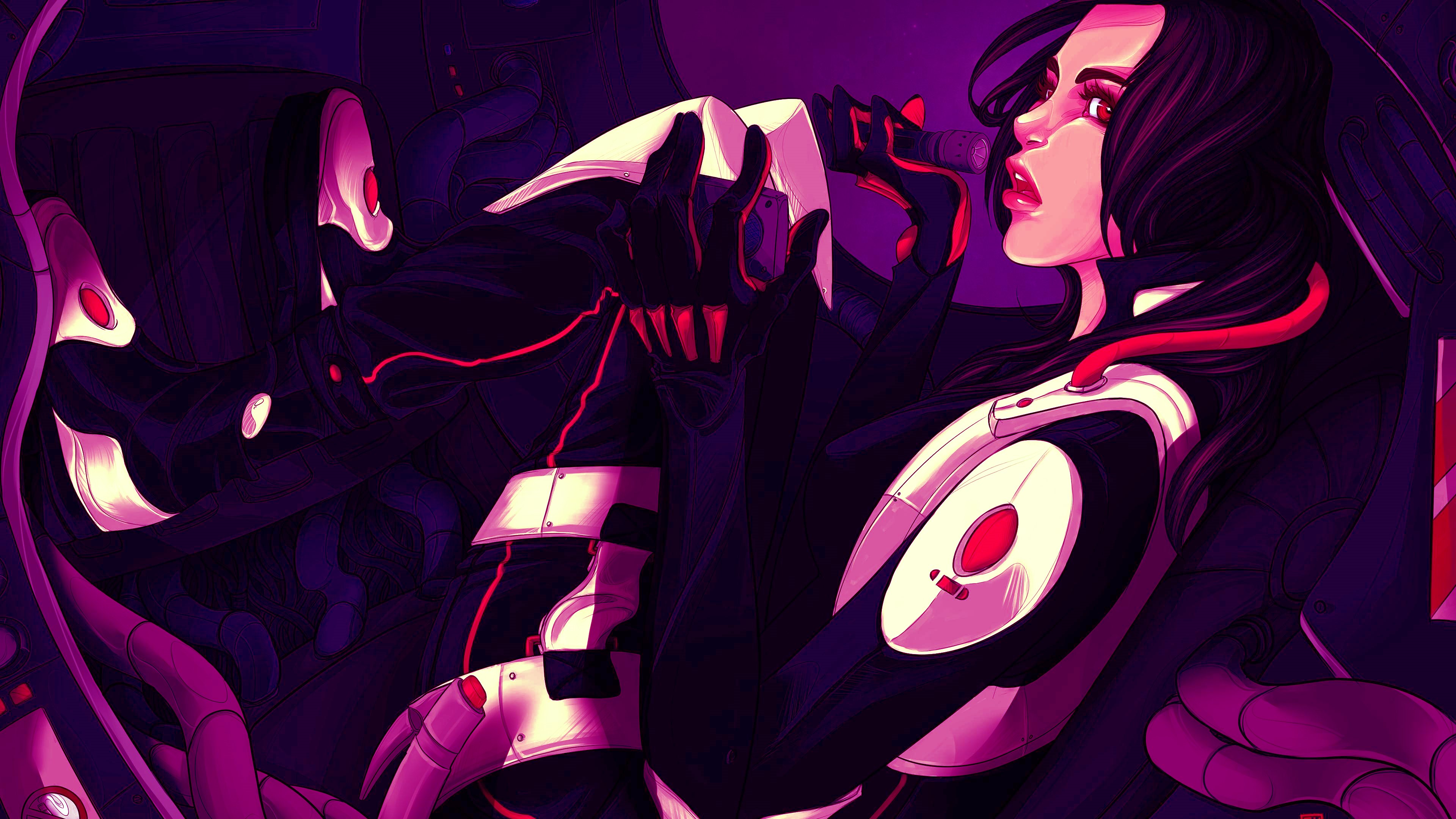 Artwork of two women in futuristic suits with red eyes HD Wallpaper