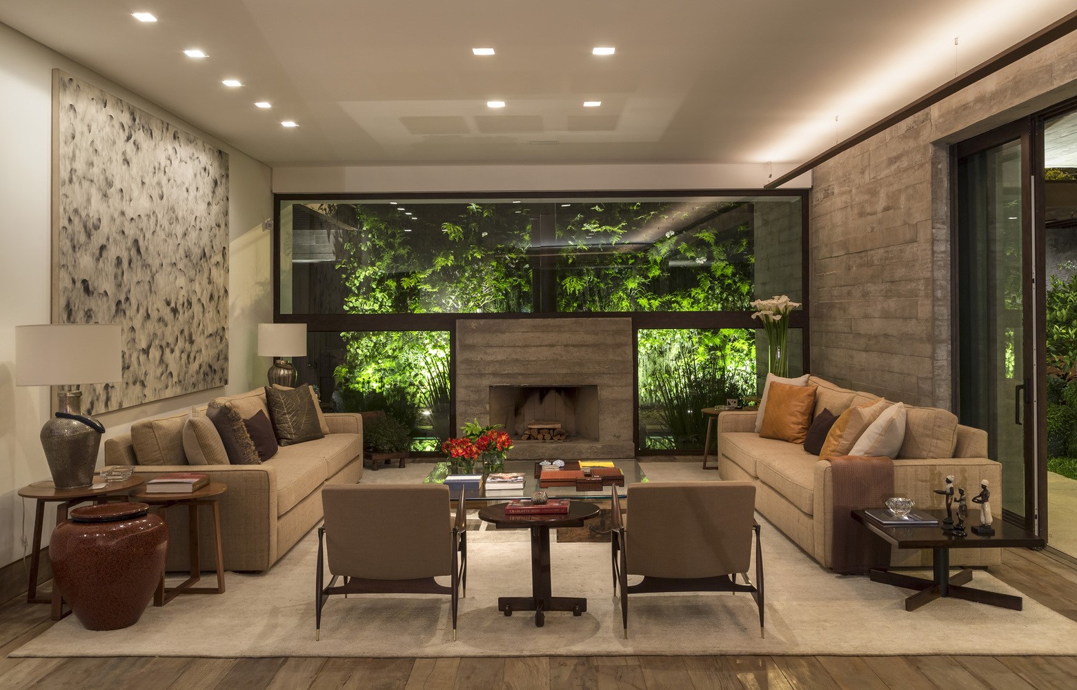 Modern living room with fireplace and indoor garden HD Wallpaper