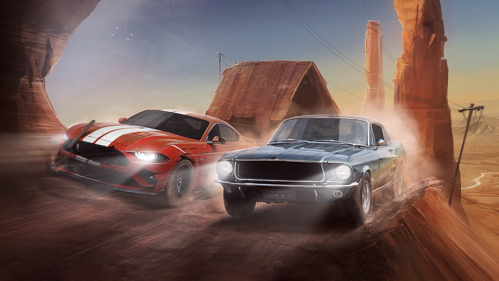 Ford Mustang cars racing in a desert landscape HD Wallpaper