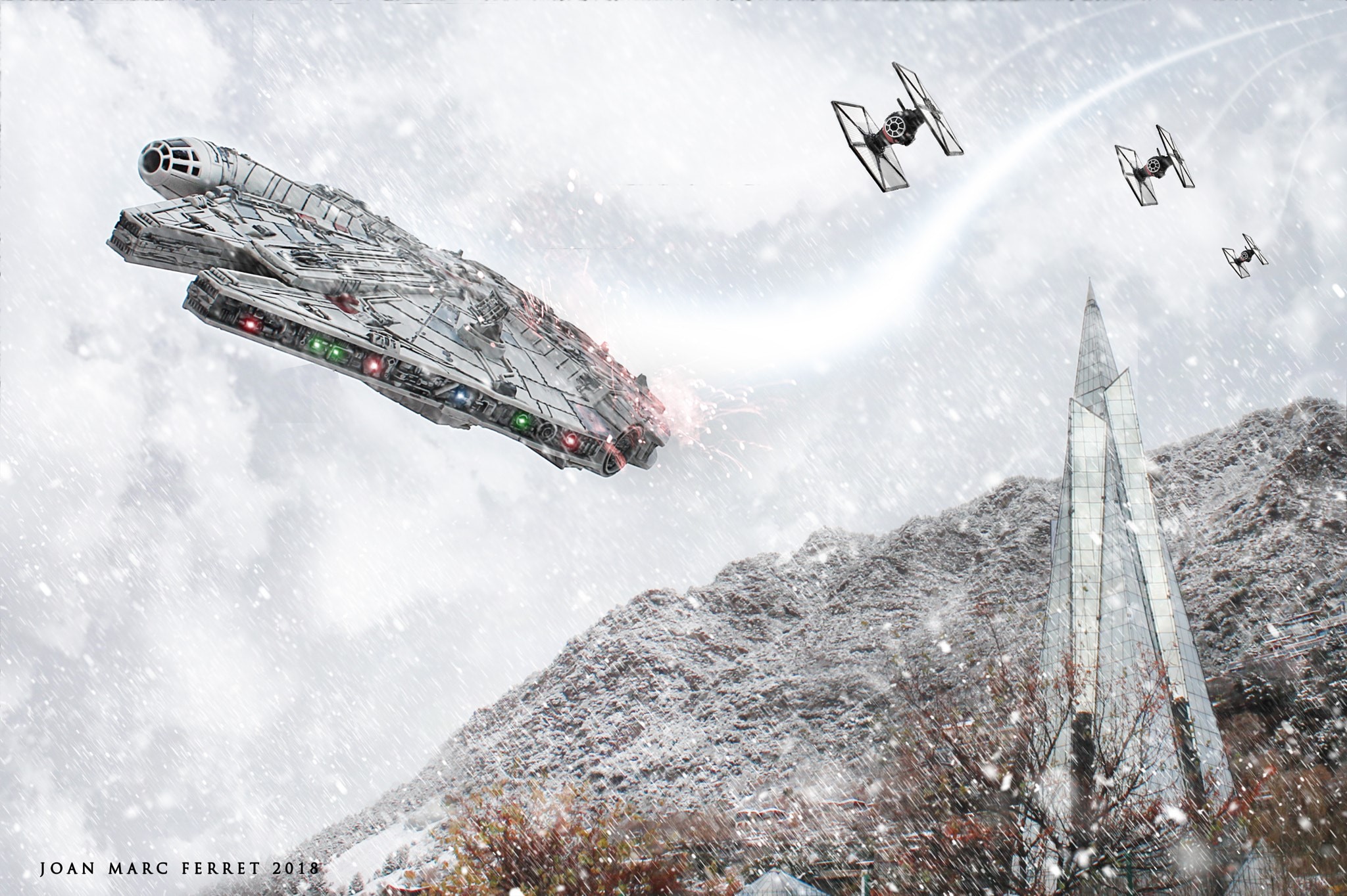 Millennium Falcon and TIE Fighters in a Snowy Landscape HD Wallpaper