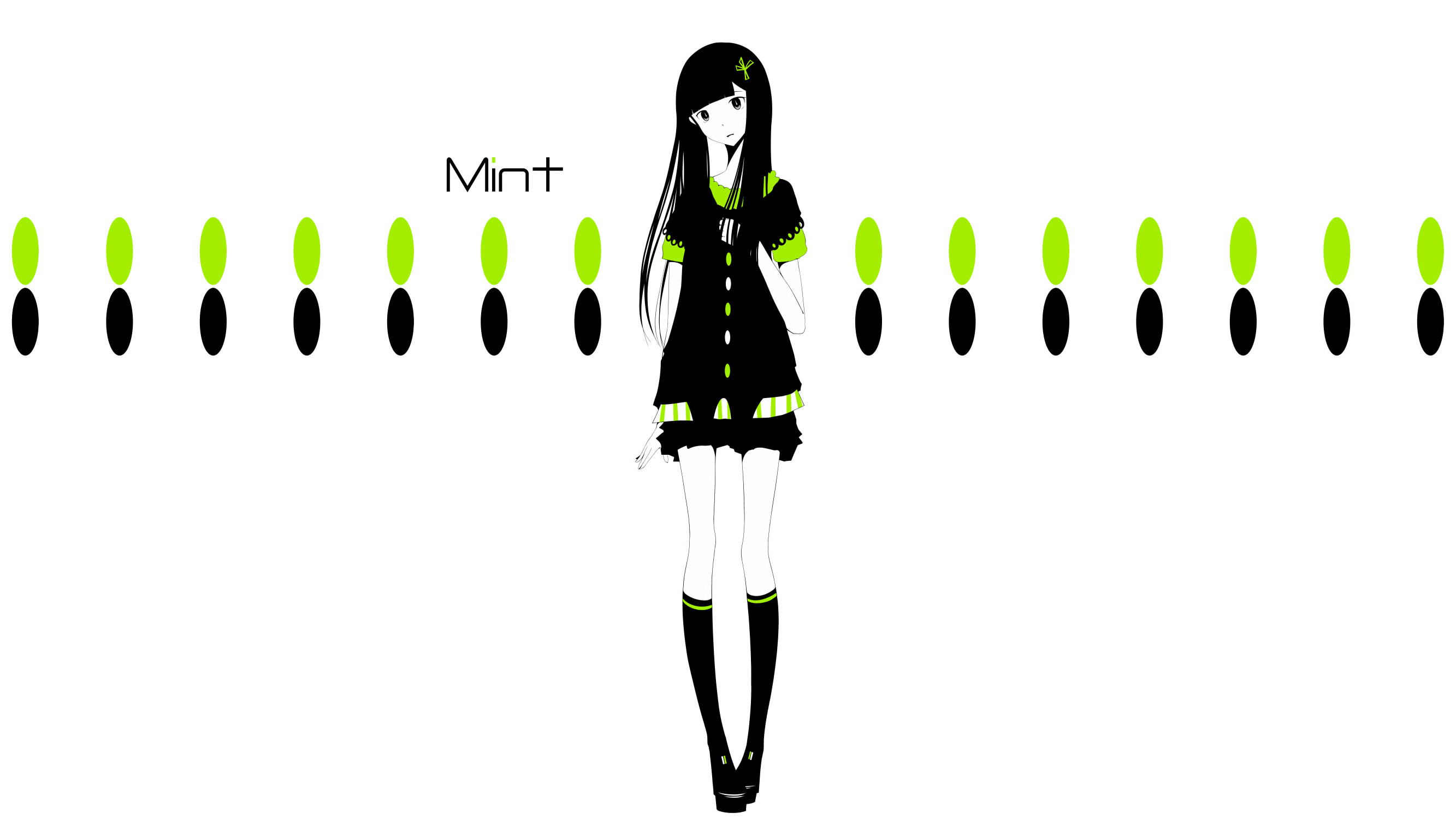 Anime girl with long black hair and green accents HD Wallpaper