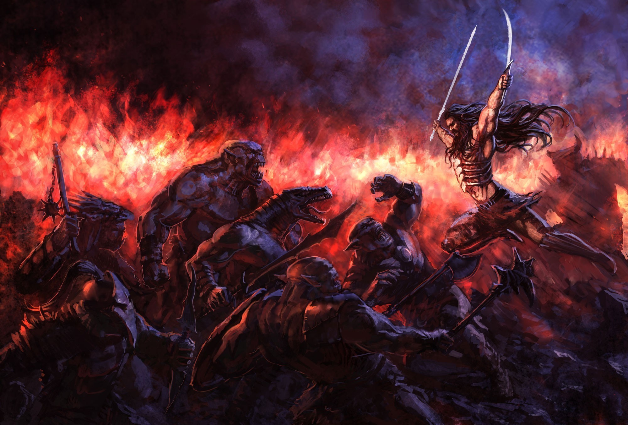 Fantasy warrior battling orcs and a dragon-like creature amidst fire HD Wallpaper