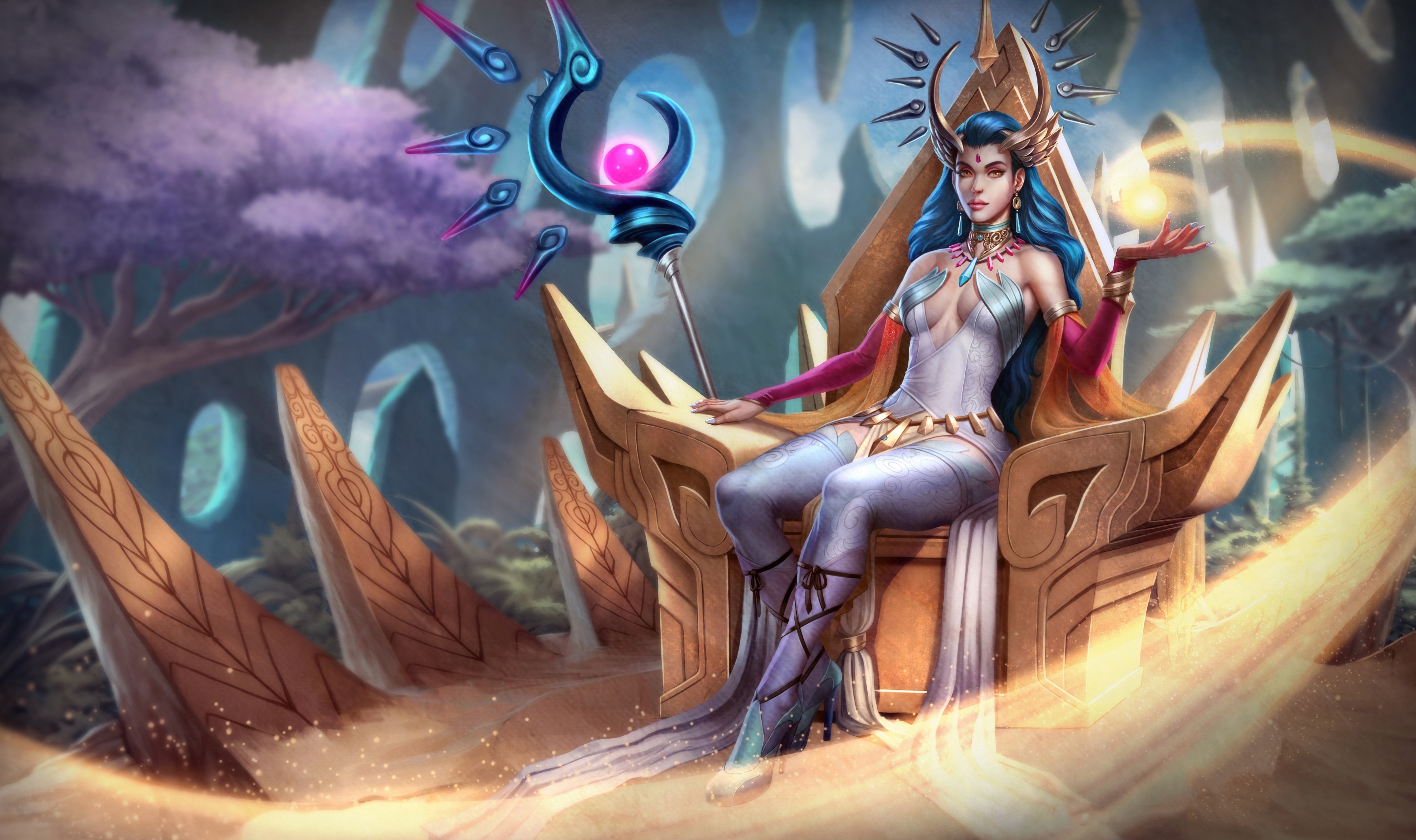 Fantasy girl with blue hair on a throne HD Wallpaper