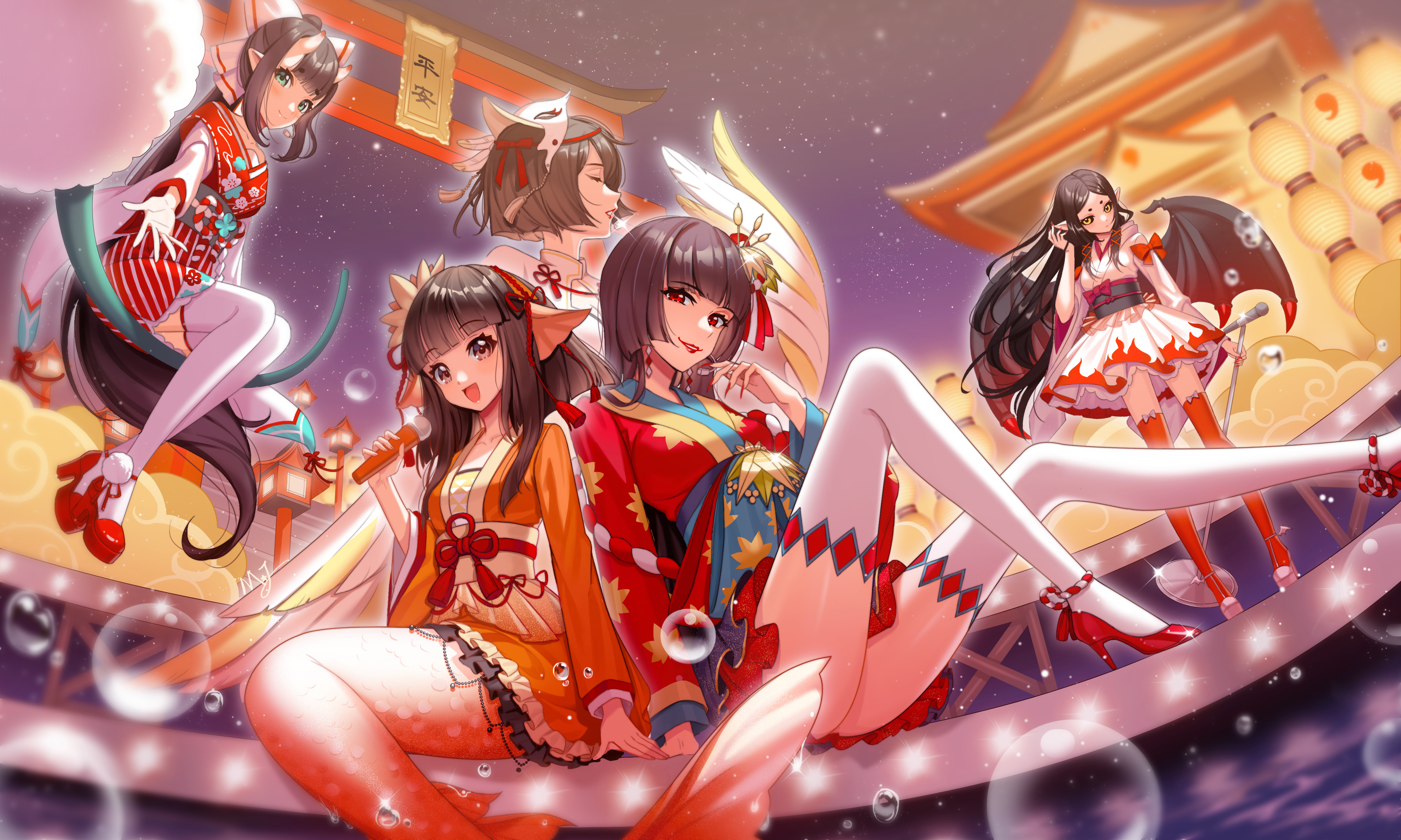 Anime girls in kimonos with fox ears HD Wallpaper