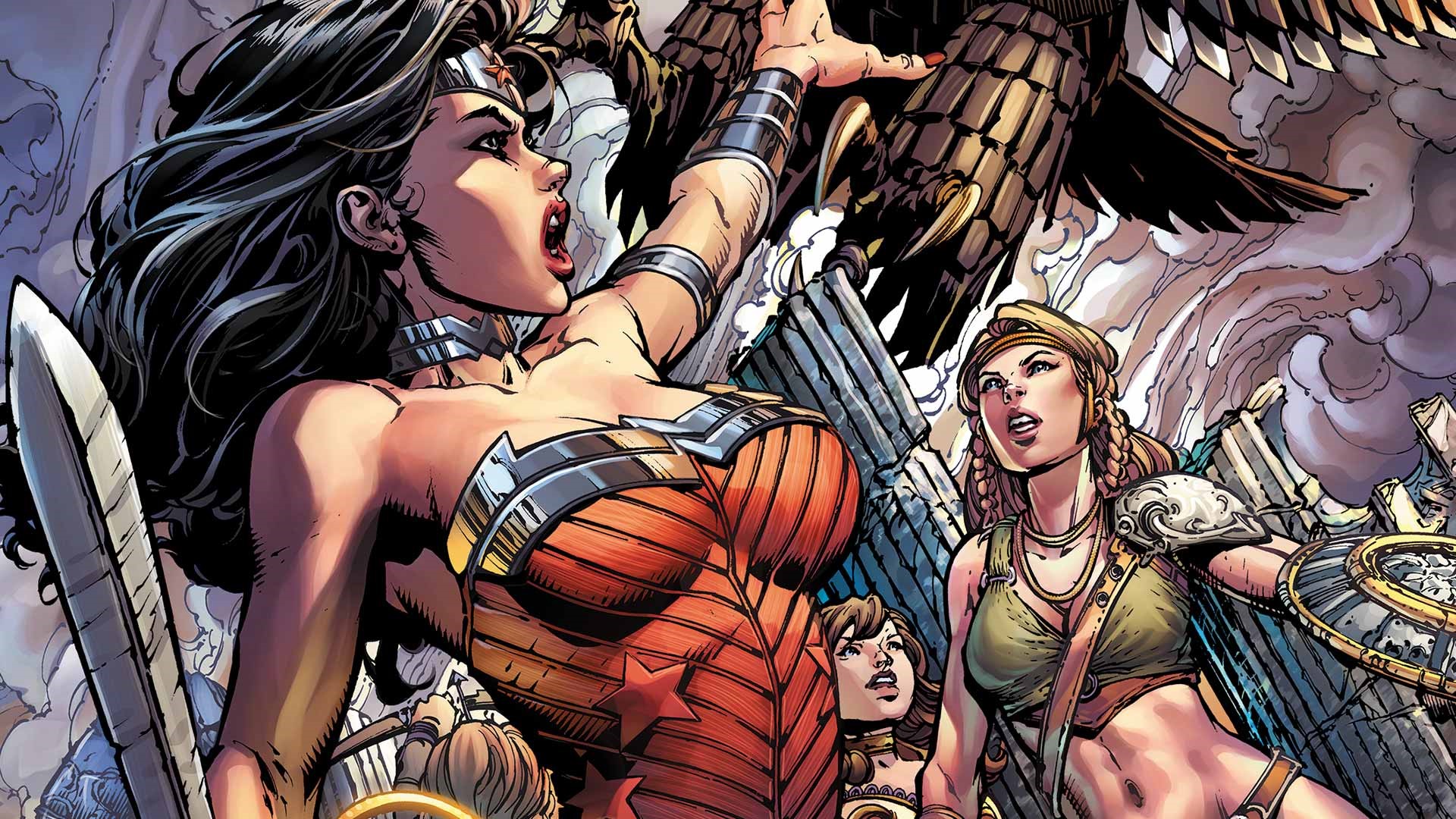 Wonder Woman and allies fighting a creature HD Wallpaper