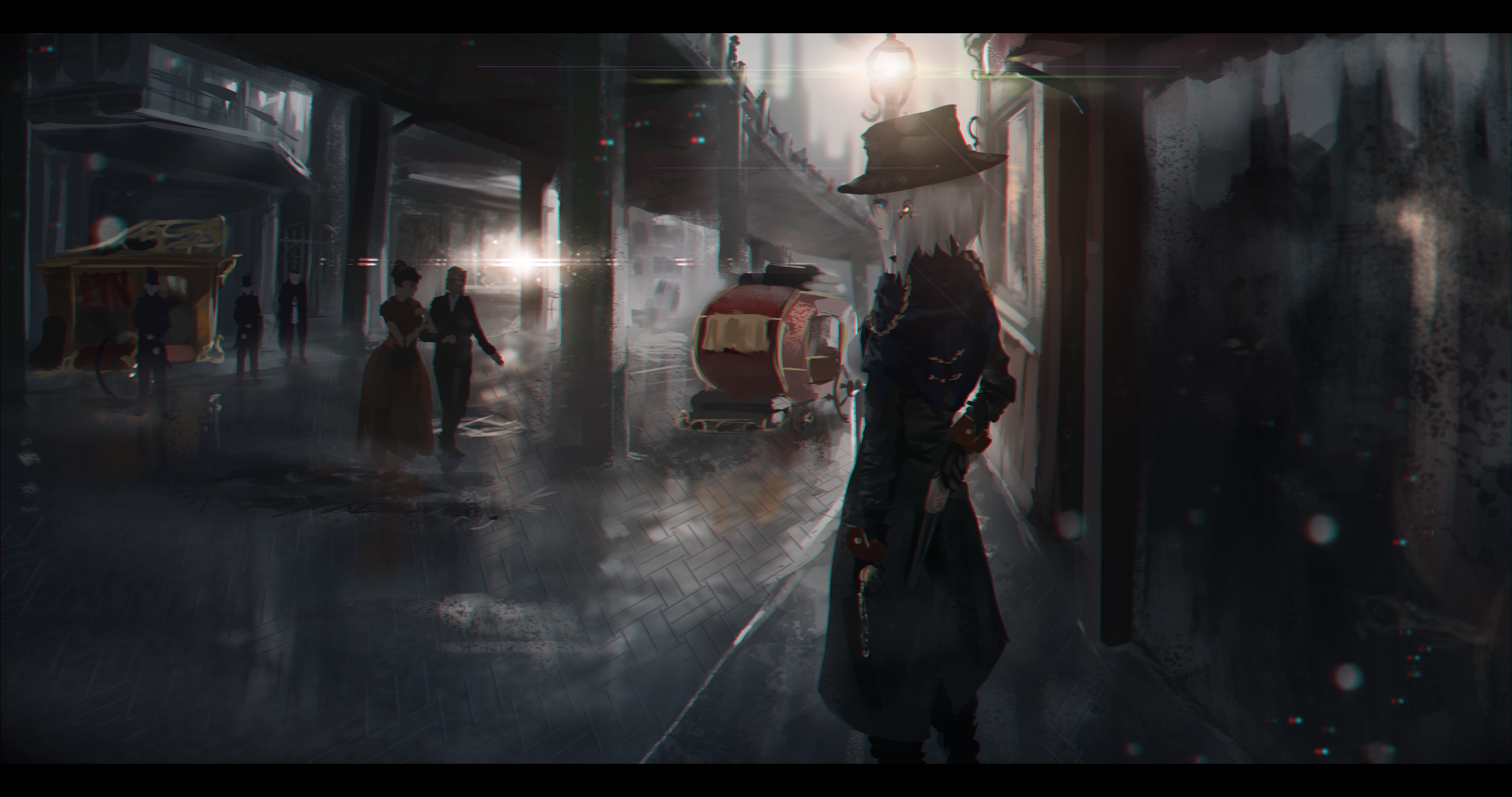 Anime girl in hat on a rainy city street HD Wallpaper
