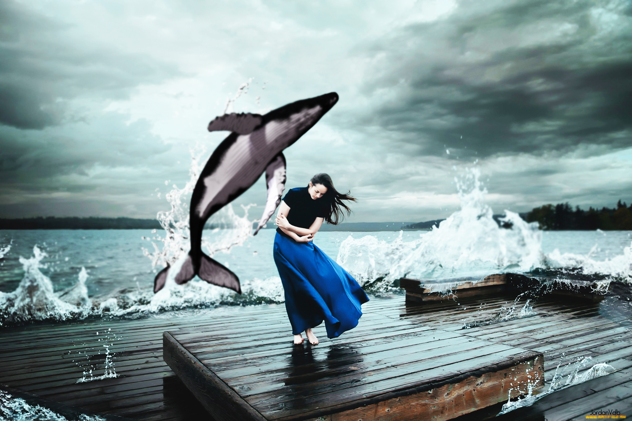 Woman and whale jumping from water on a pier HD Wallpaper