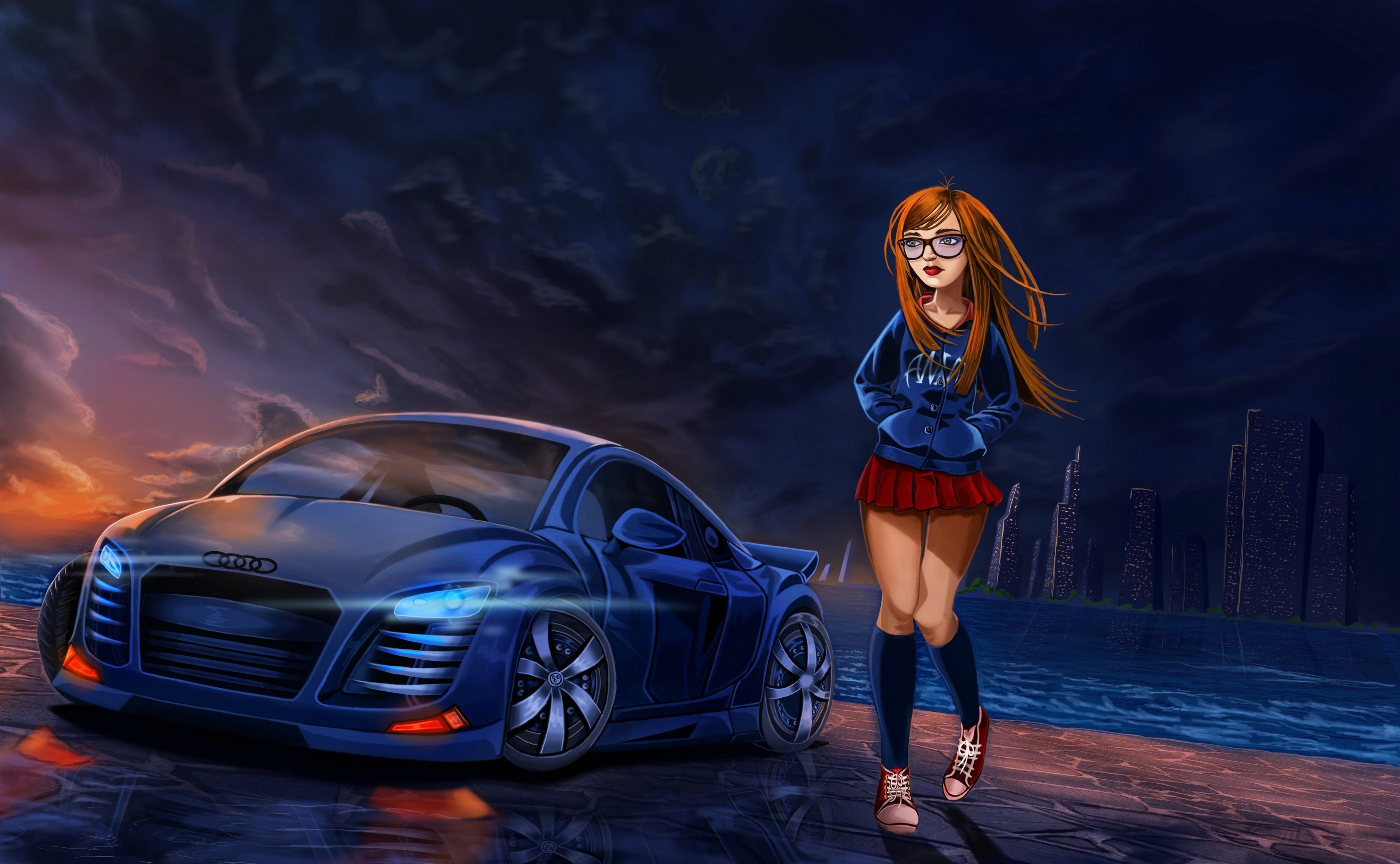 Girl with glasses and blue Audi car HD Wallpaper