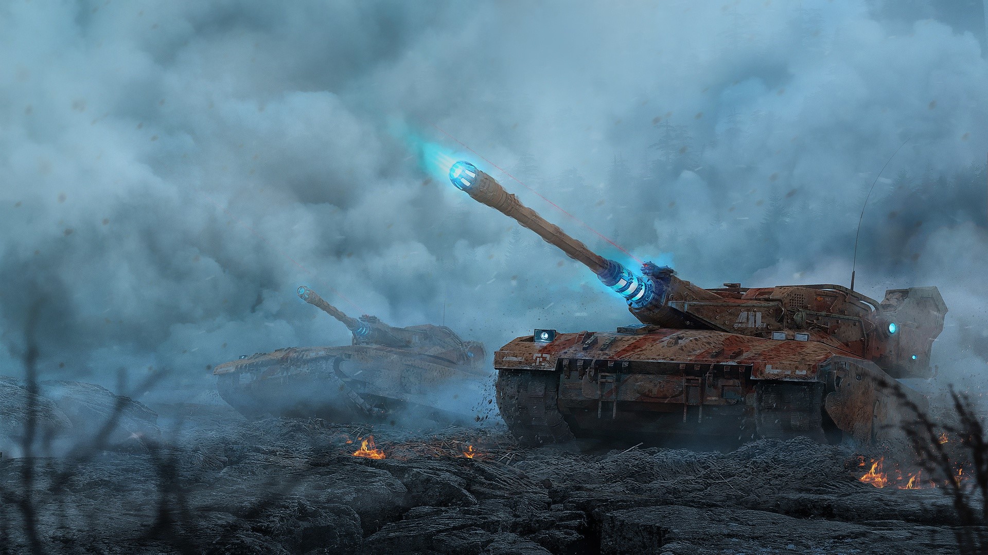 Two futuristic tanks firing in a smoky battlefield HD Wallpaper