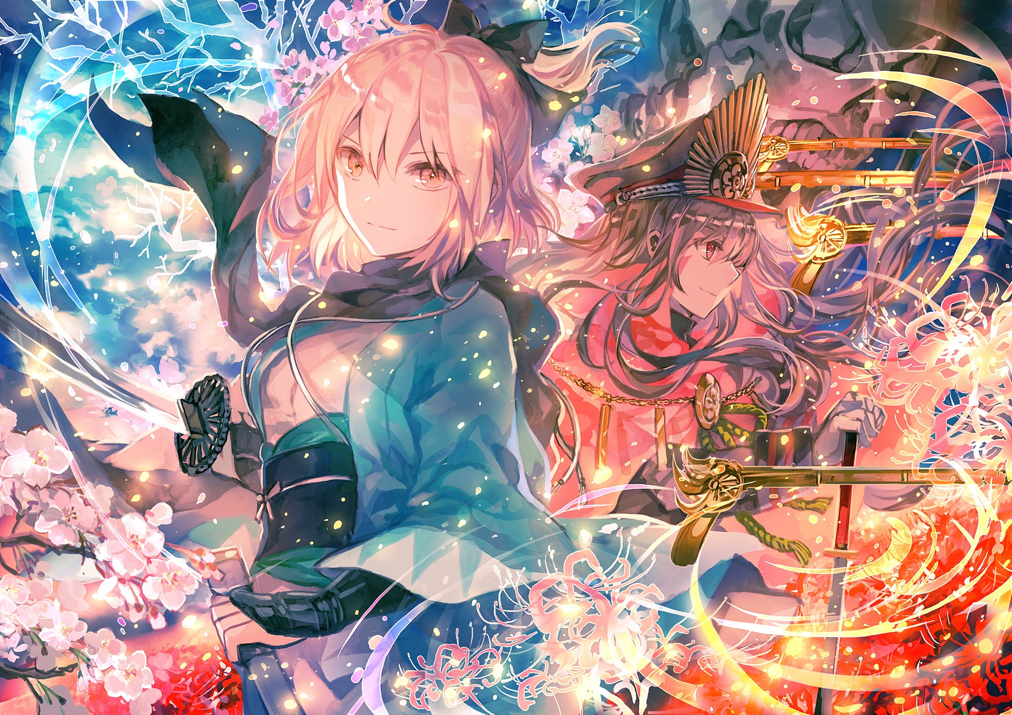 Two anime girls with swords and cherry blossoms HD Wallpaper
