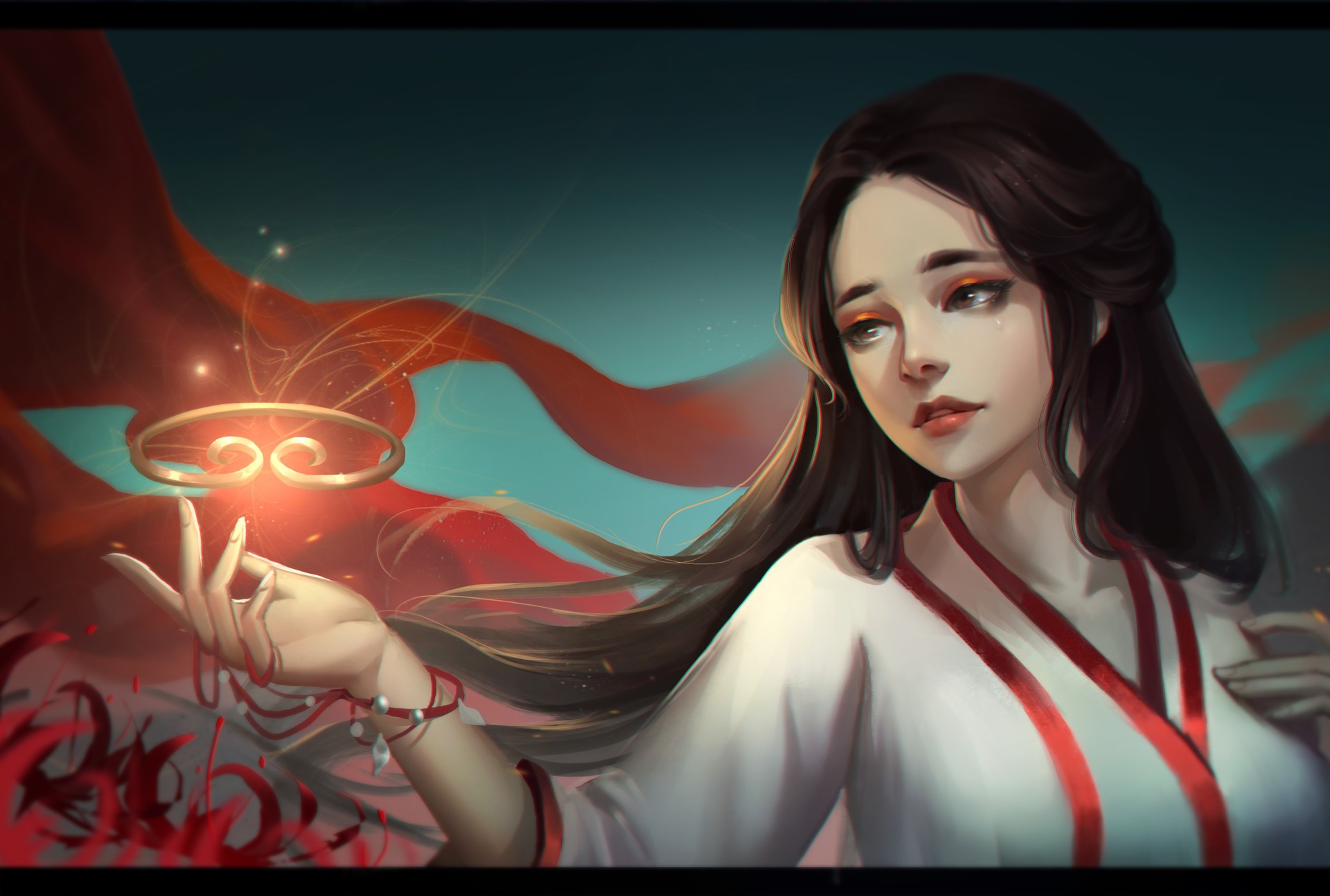Fantasy girl with magic ring and red ribbons HD Wallpaper