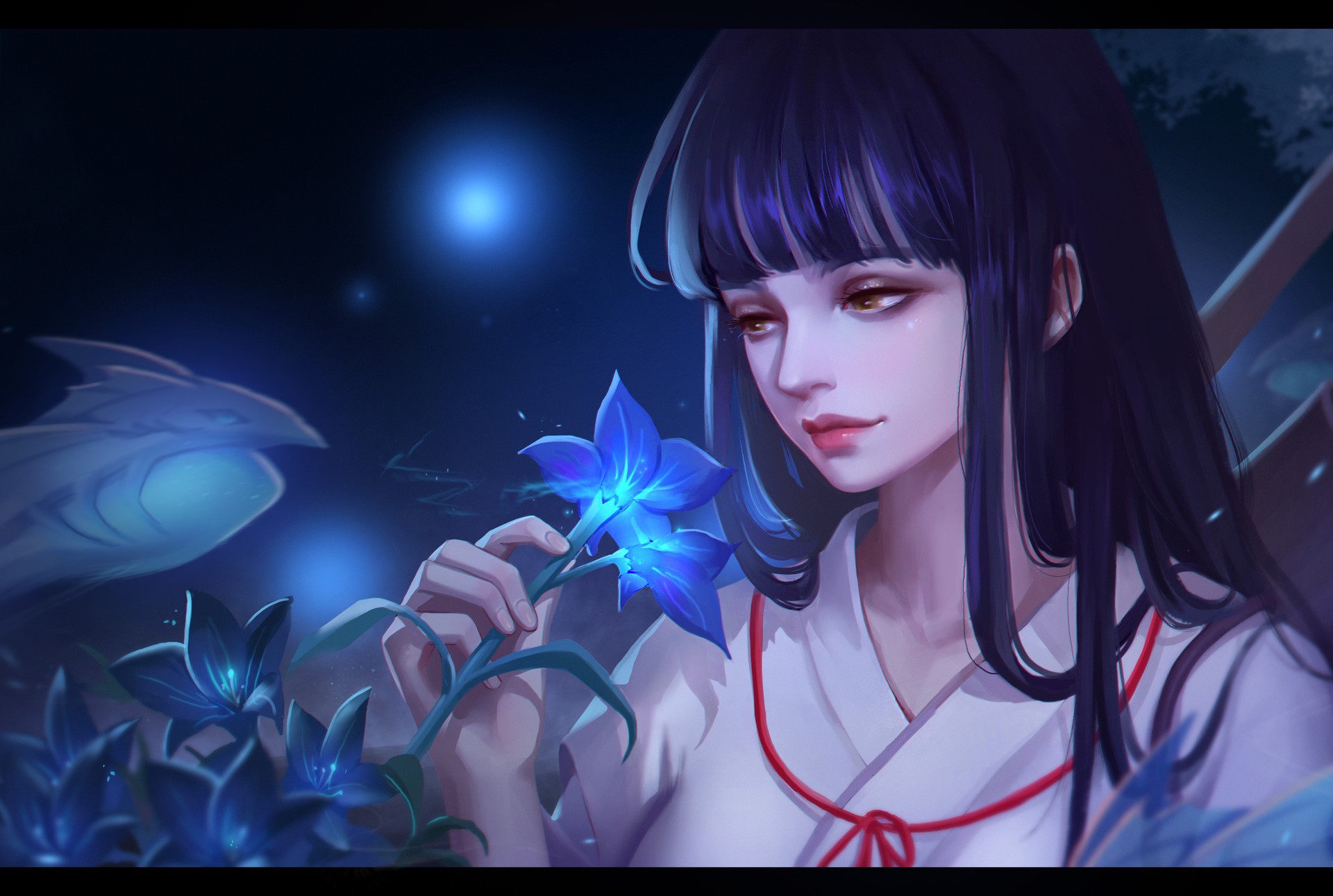 Kikyo from Inuyasha holding glowing blue flowers HD Wallpaper