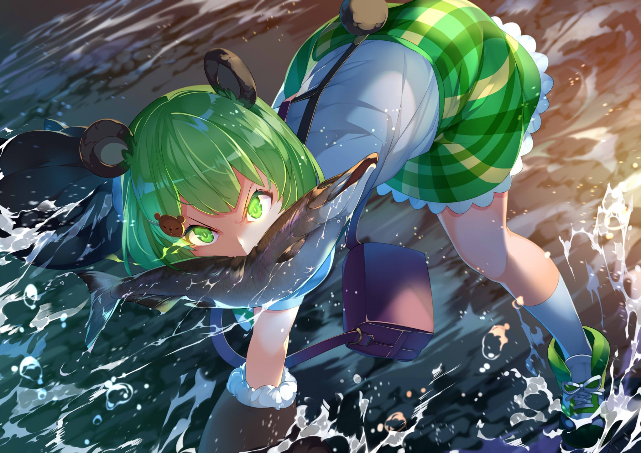Anime girl with green hair and fish HD Wallpaper