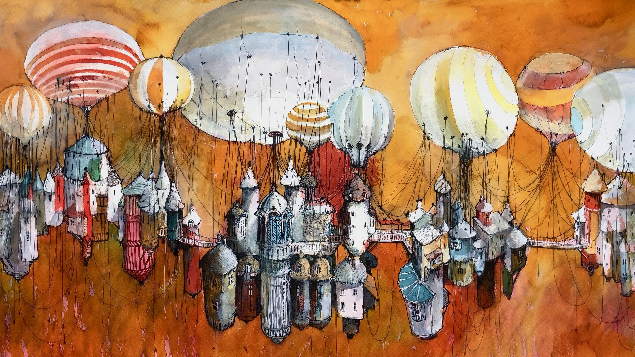 Fantasy city suspended from hot air balloons HD Wallpaper