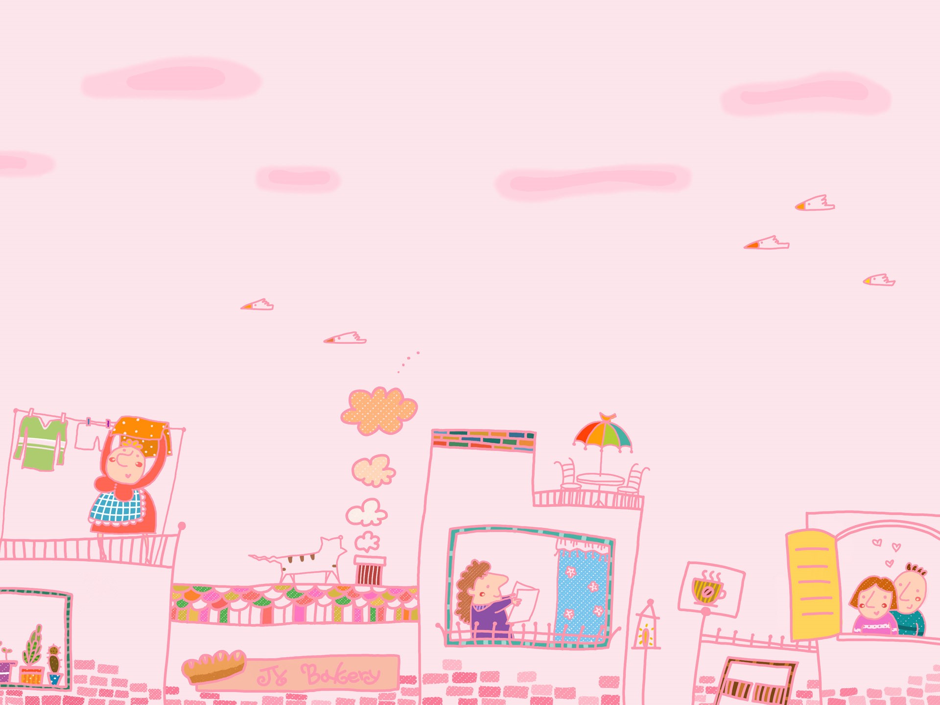 Illustration of a street scene with people and cats HD Wallpaper