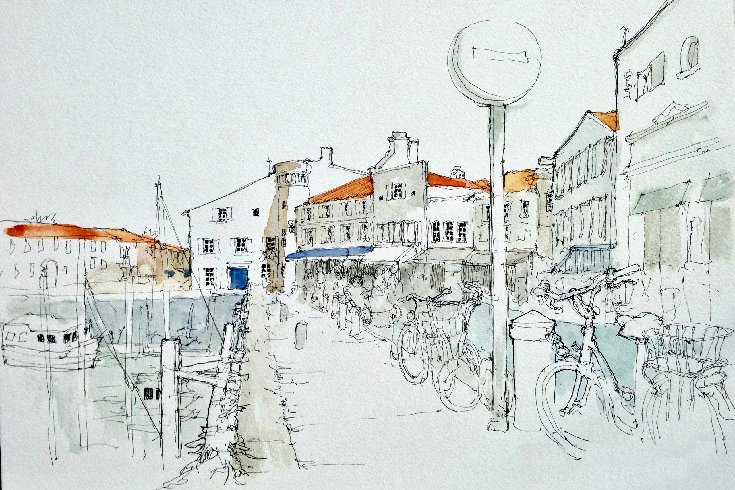 Watercolor painting of a European street with bicycles and boats HD Wallpaper