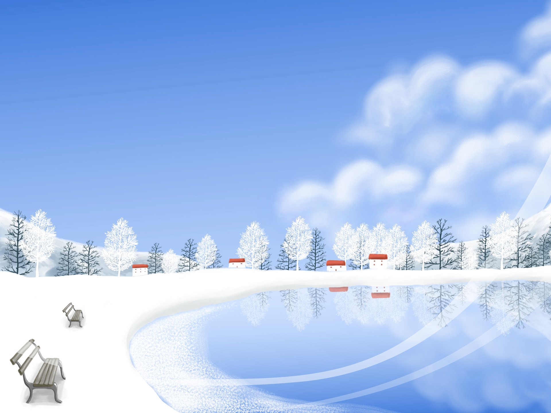 Winter landscape with snow-covered trees and a frozen lake HD Wallpaper