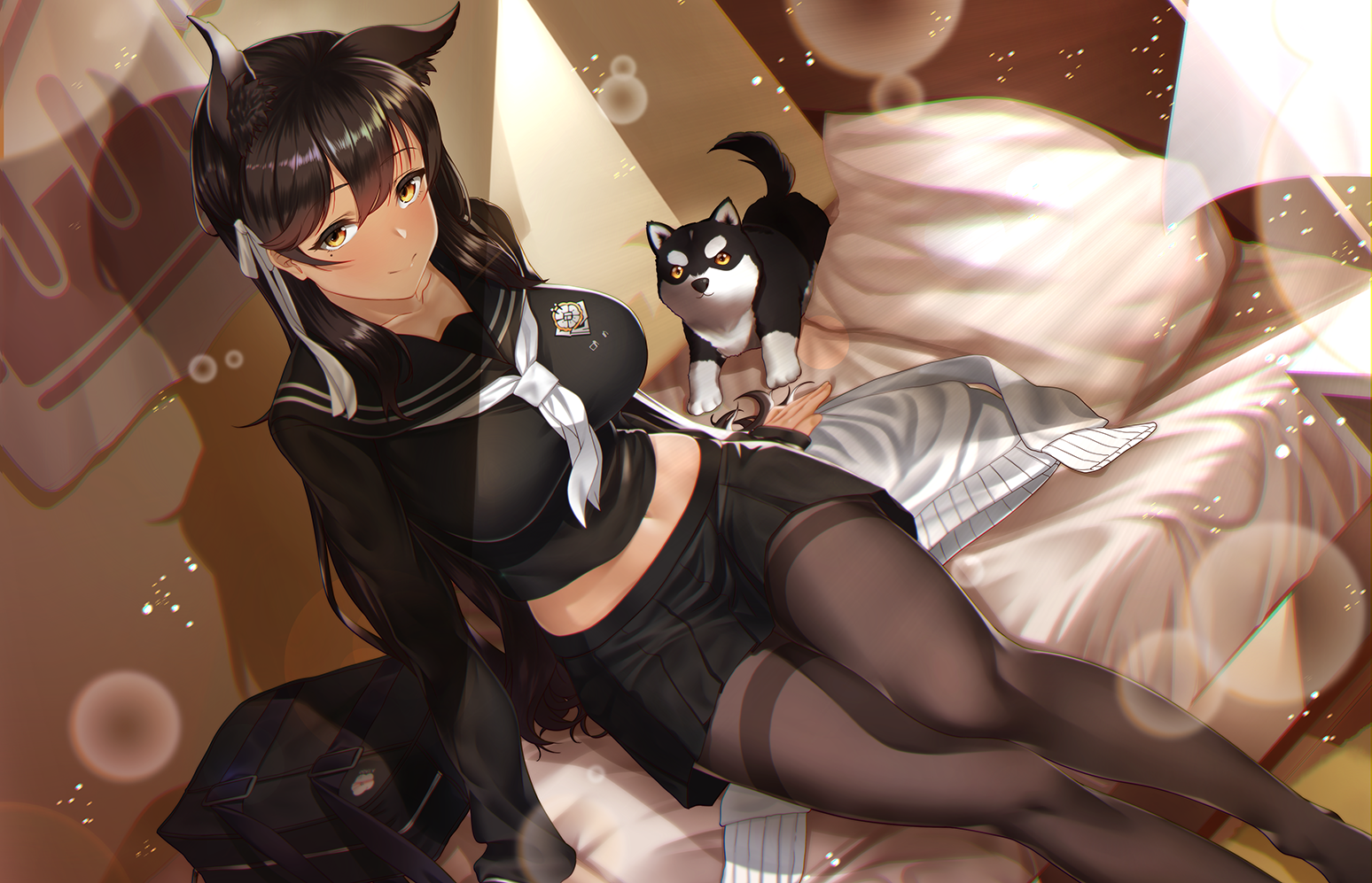 Atago from Azur Lane with a dog on a bed HD Wallpaper