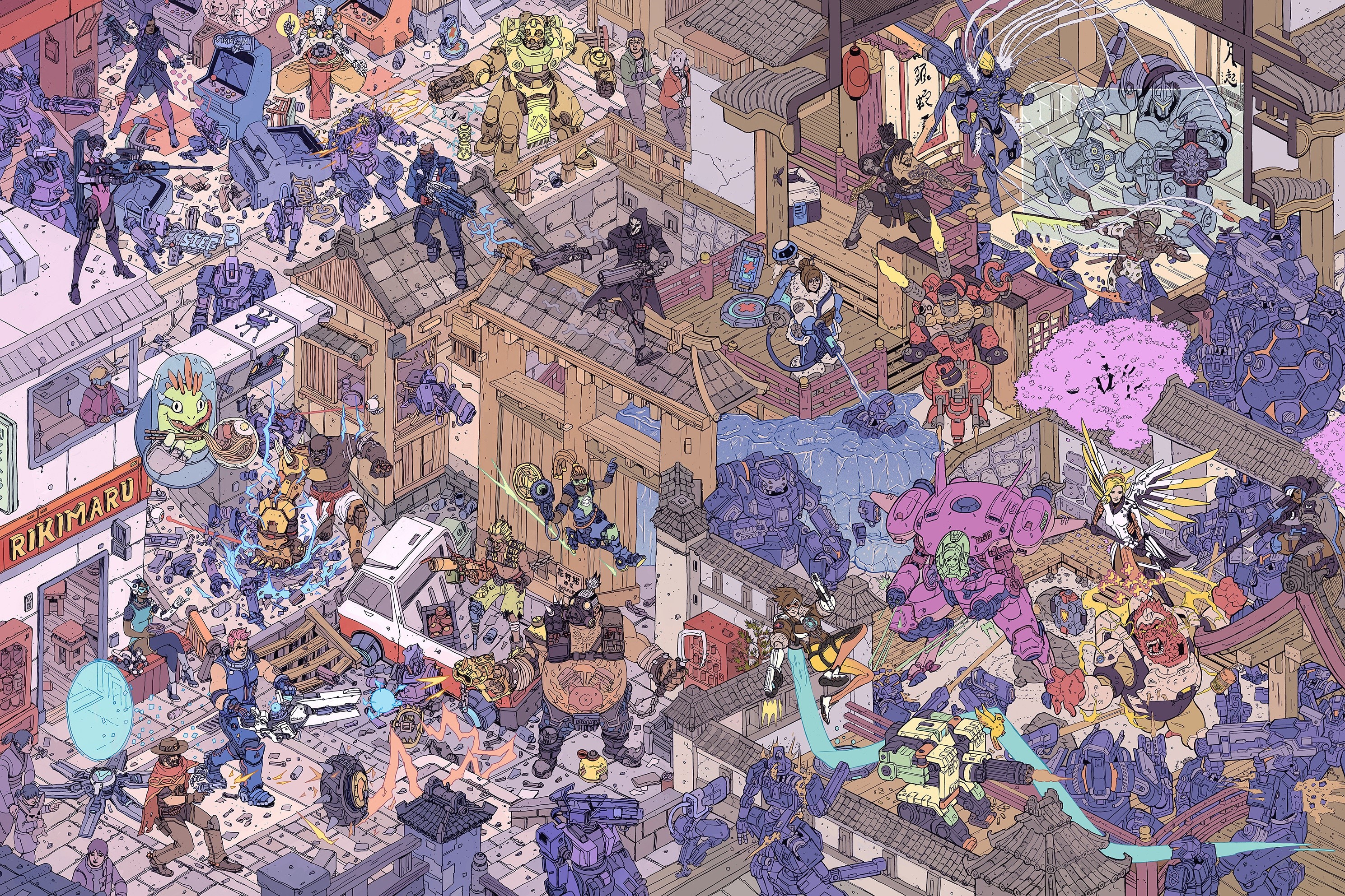 Overwatch characters in Hanamura by Josan Gonzalez HD Wallpaper