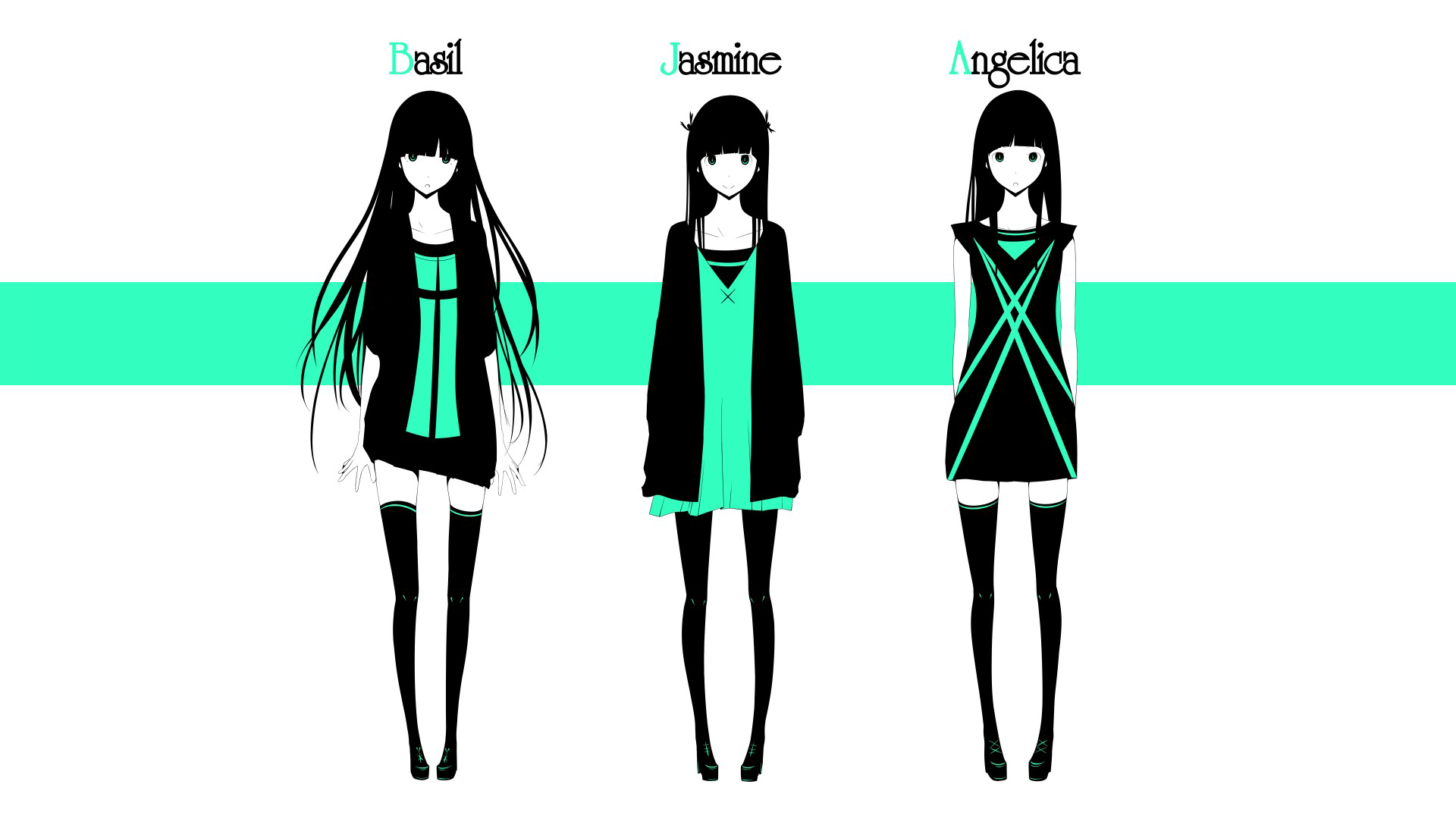 Three anime girls named Basil, Jasmine, and Angelica HD Wallpaper