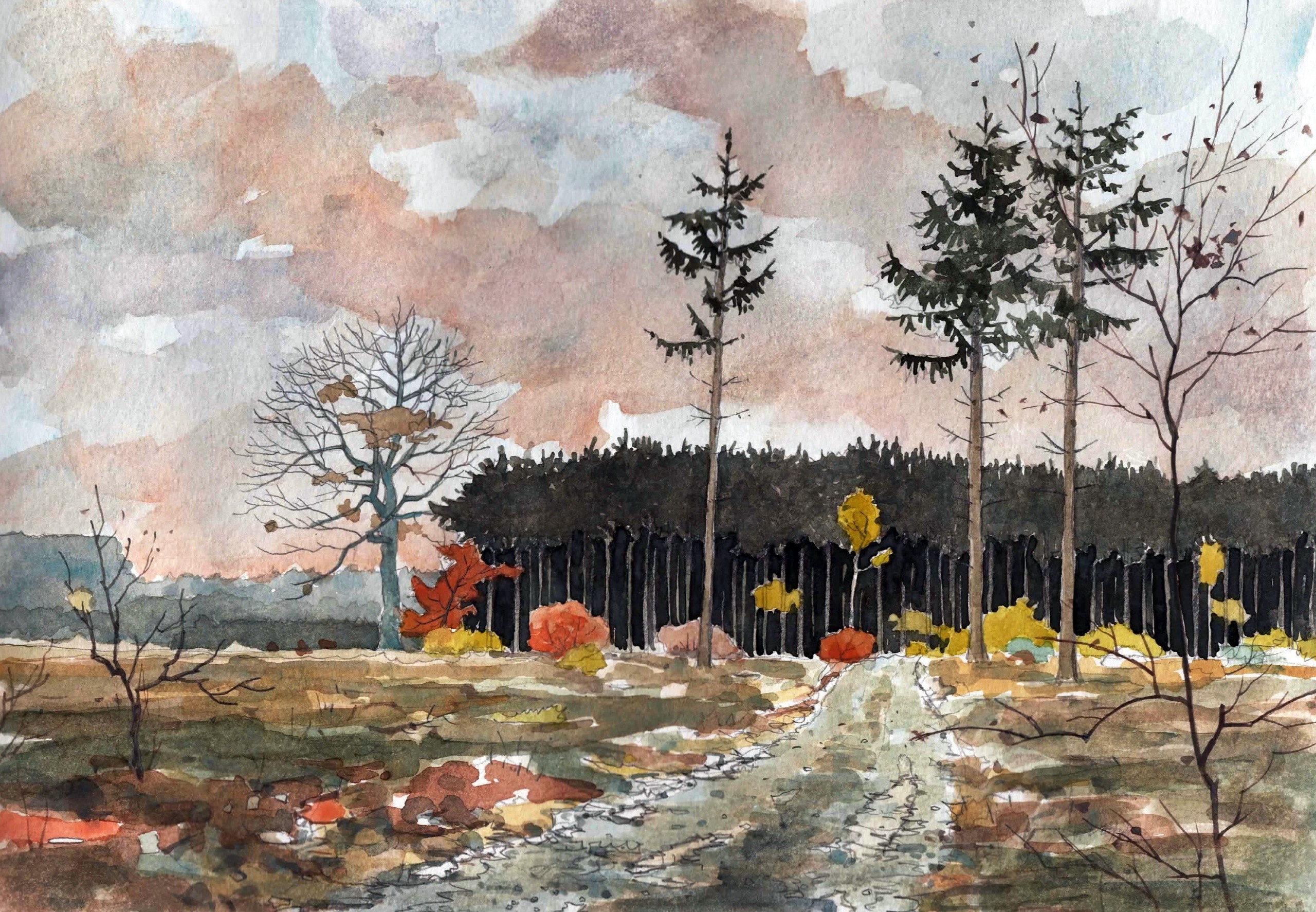 Autumn landscape painting with trees and dirt road HD Wallpaper