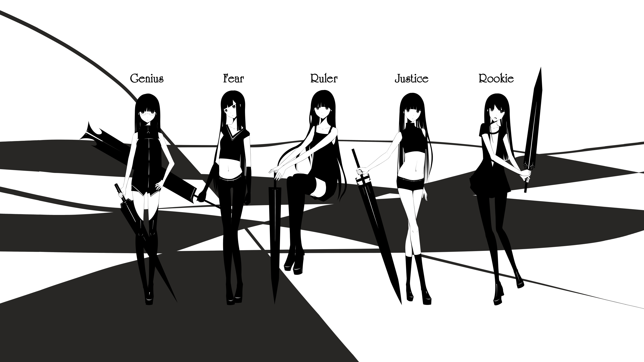 Five anime girls with swords labeled Genius, Fear, Ruler, Justice, Rookie HD Wallpaper
