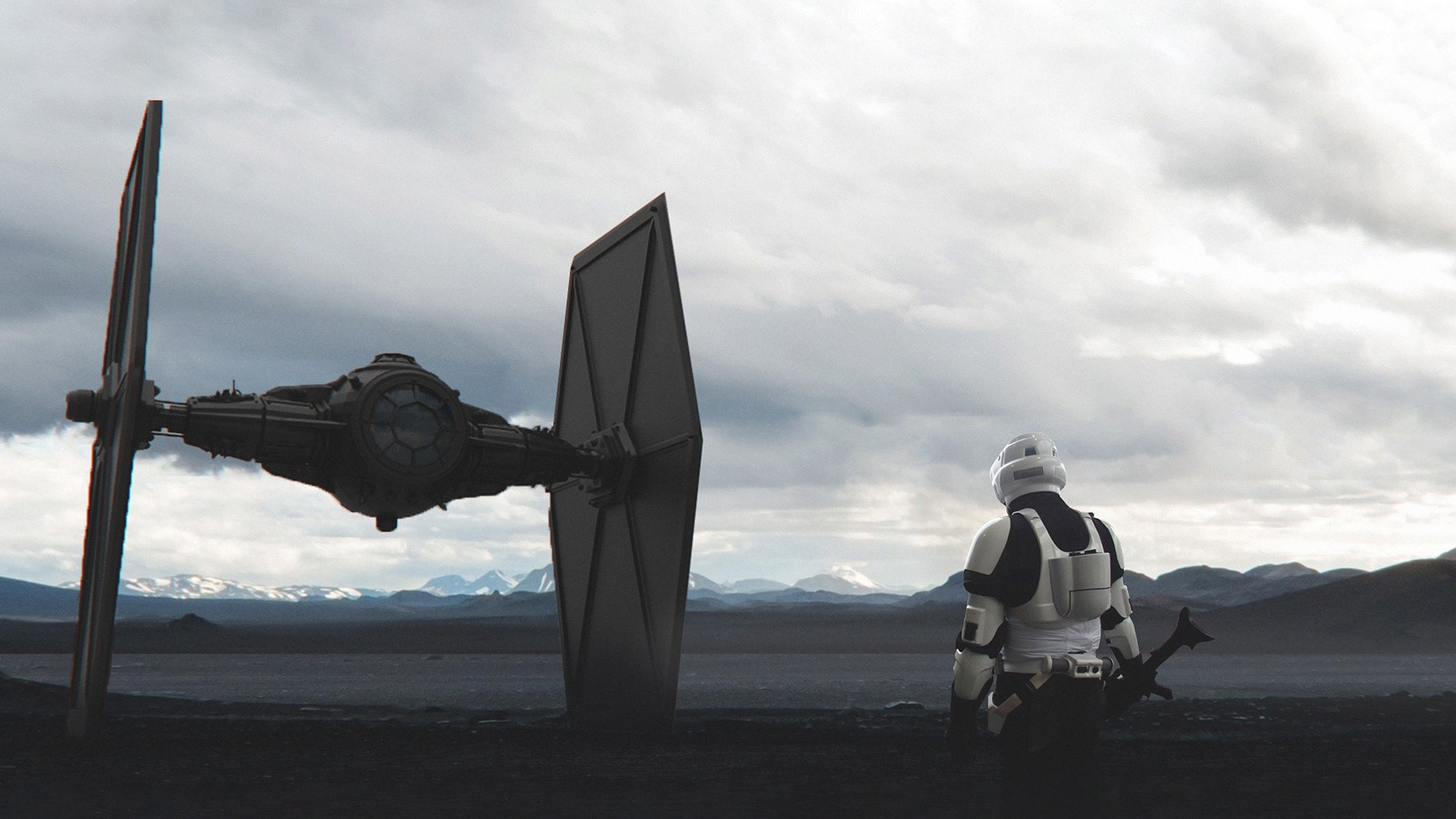 Stormtrooper and TIE Fighter on a desolate planet from Star Wars HD Wallpaper