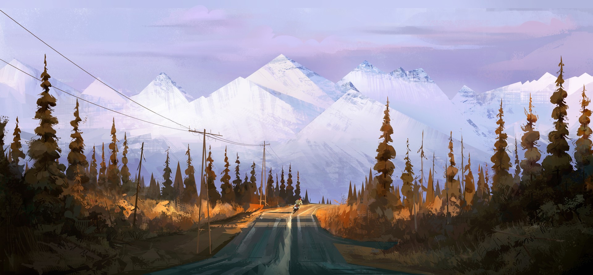 Digital landscape artwork of a road through mountains and trees HD Wallpaper