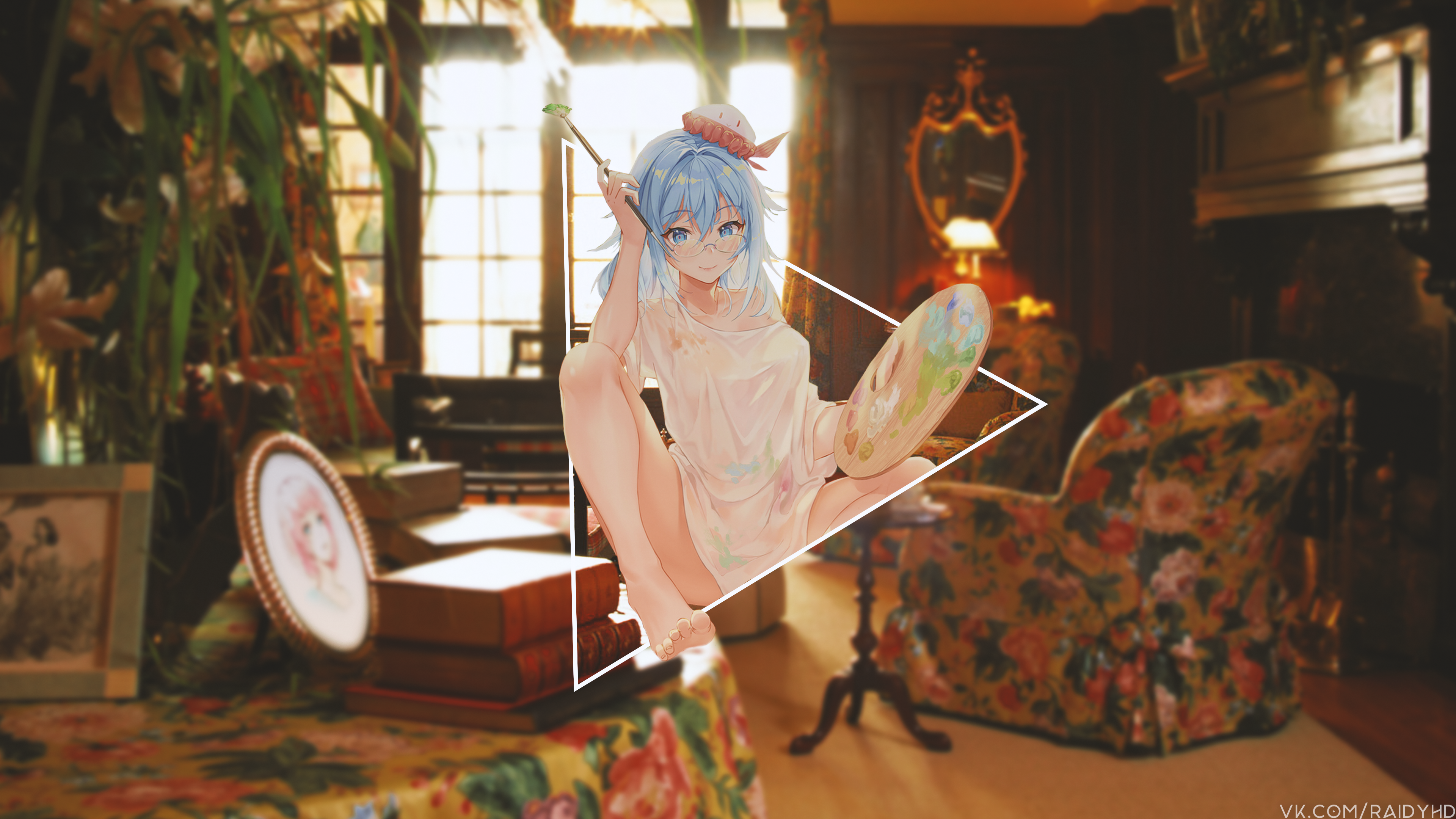 Anime girl with blue hair painting in a room HD Wallpaper