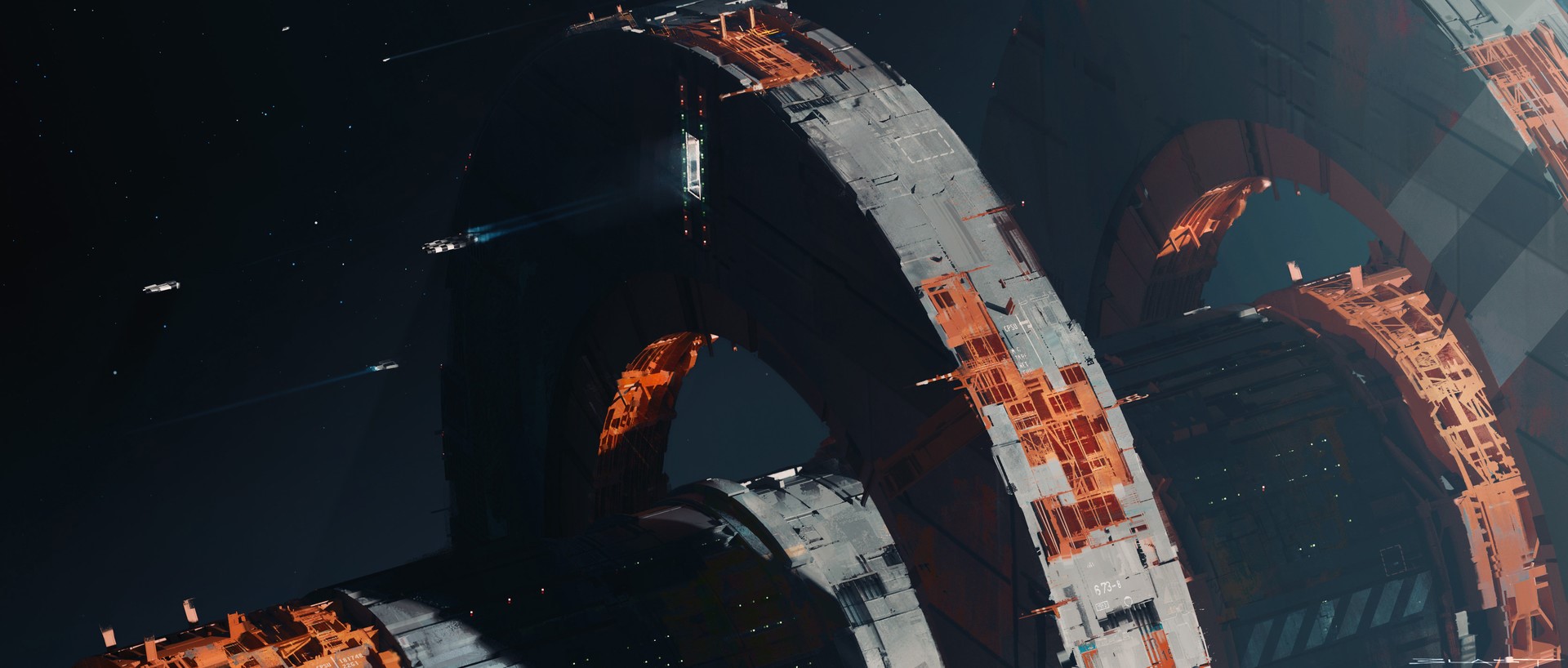Science fiction artwork of a space station and ships HD Wallpaper