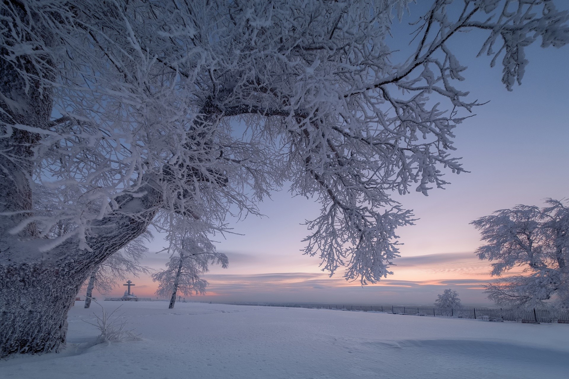 Snow-covered trees and a cross at sunrise HD Wallpaper