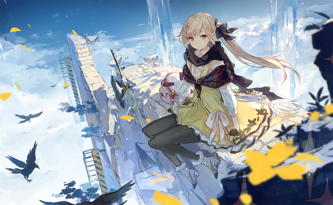 Anime girl with sword and birds in ruined city HD Wallpaper