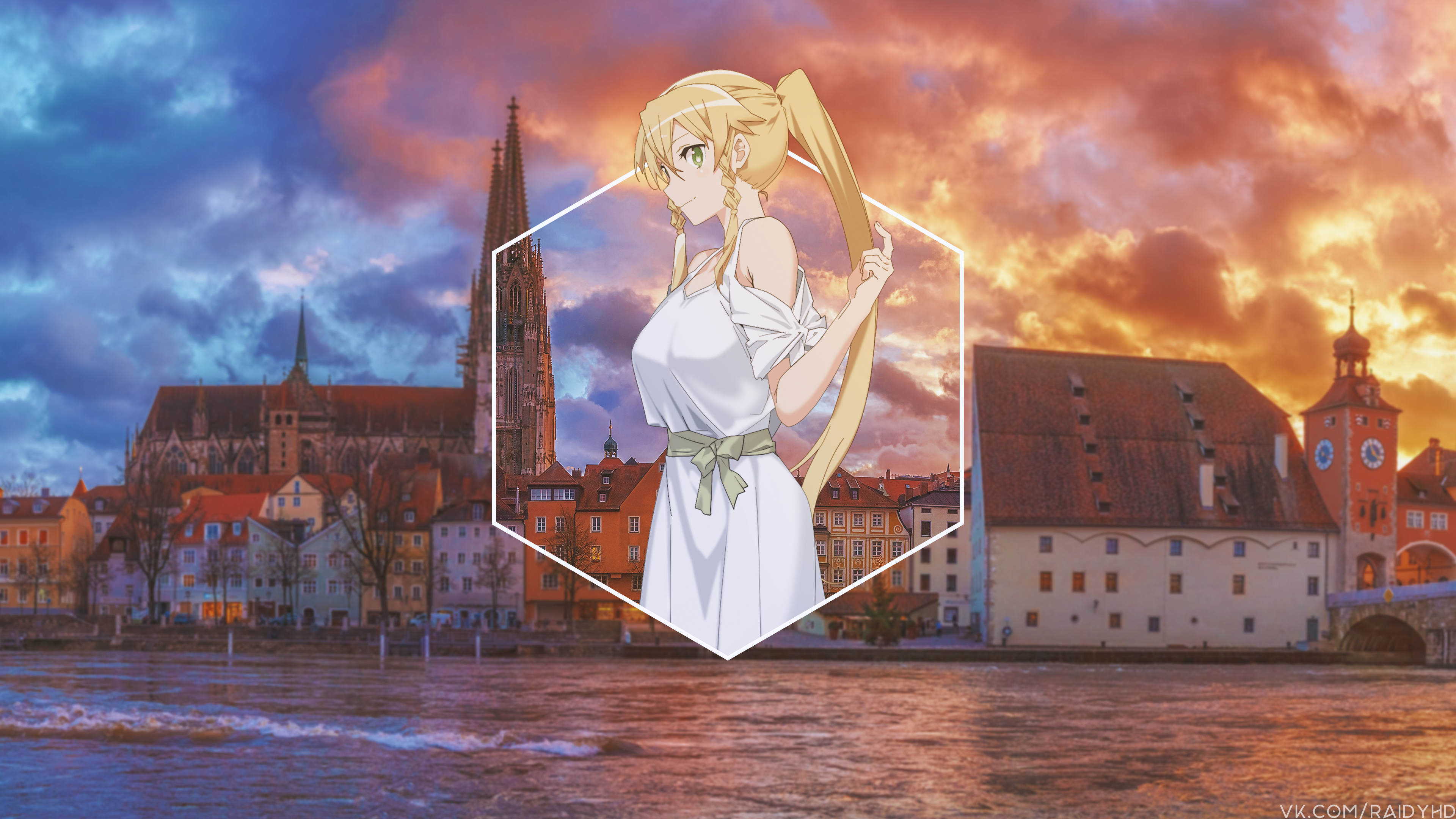 Anime girl in white dress with city background HD Wallpaper
