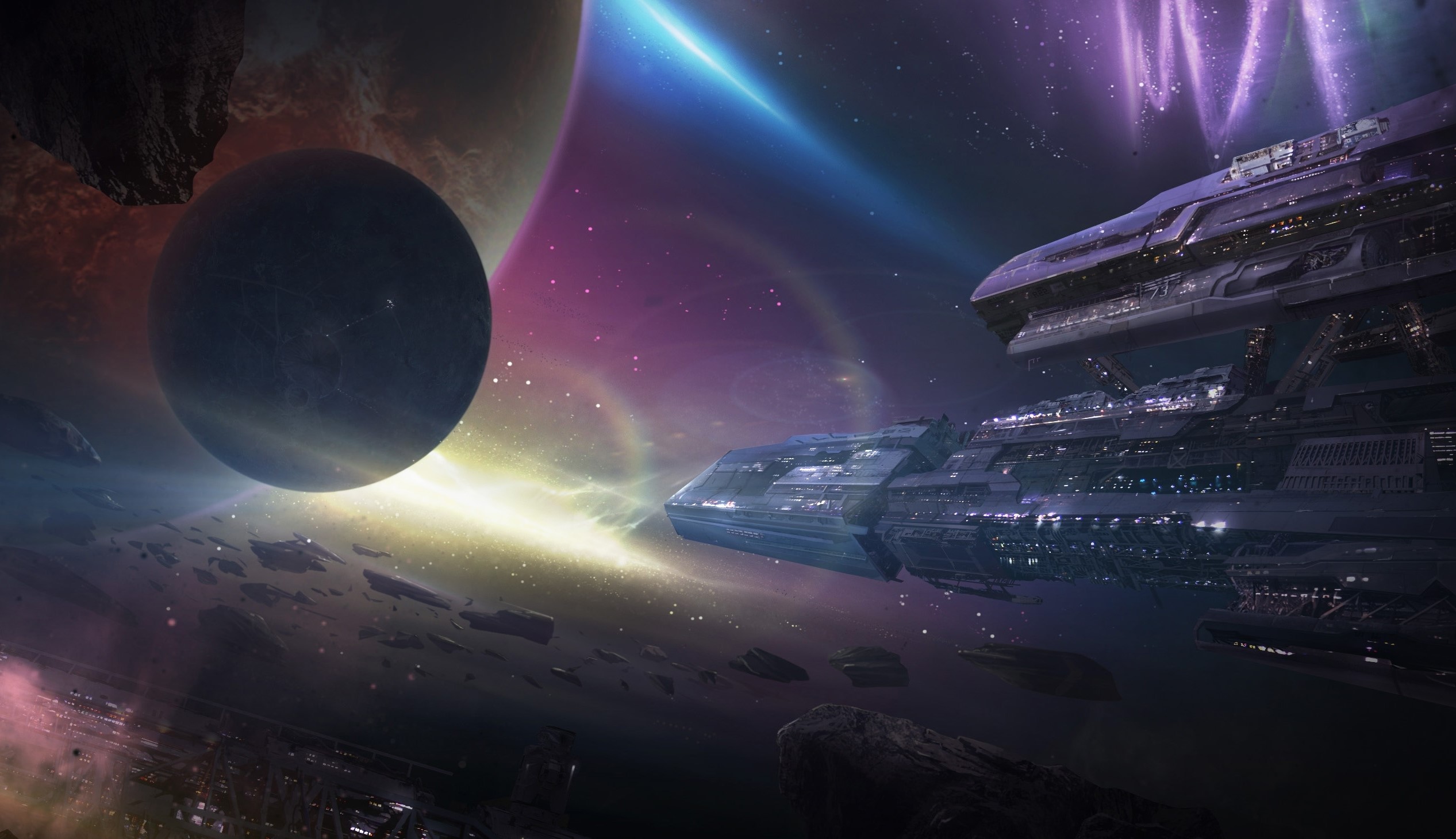 Spaceship near a planet in outer space HD Wallpaper