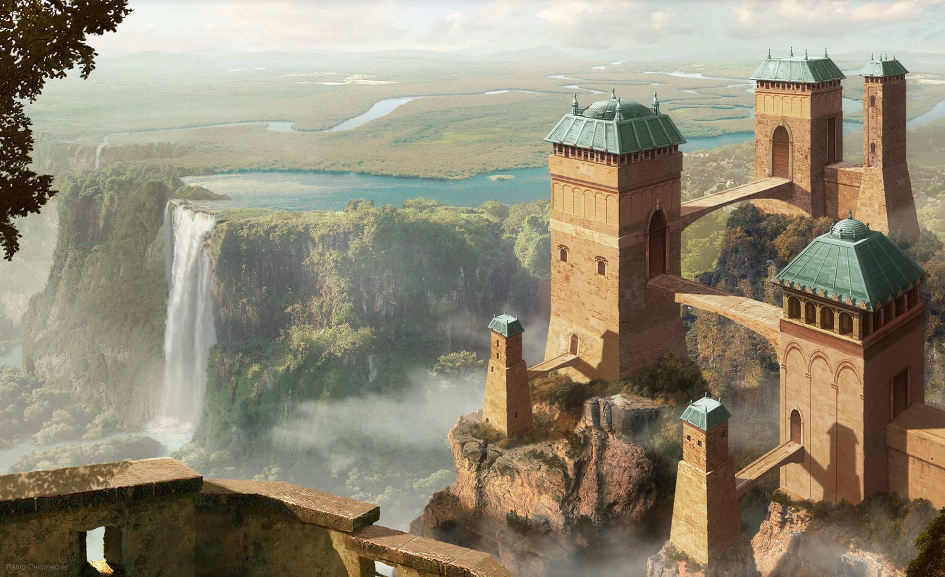 Fantasy castle on a cliff overlooking a waterfall HD Wallpaper